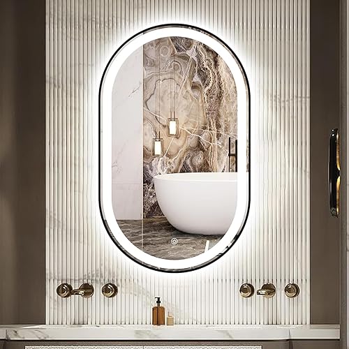 Miniatura 1 de Espejo de baño LED ovalado, espejo de tocador iluminado de 33 x 20 pulgadas con marco de metal, espejo inteligente impermeable IP66 antivaho con