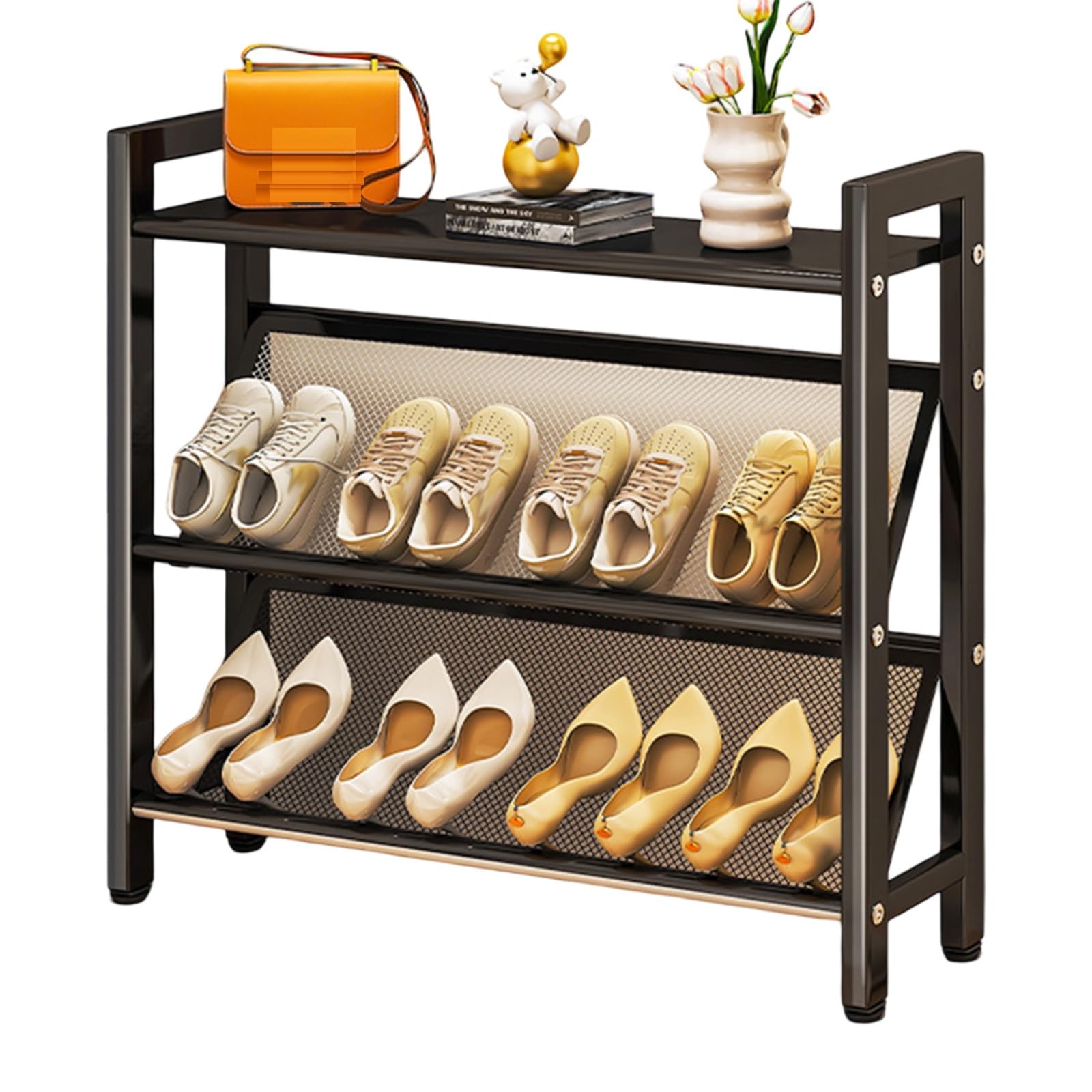 Modernes Schuhregal Schmal Aus Metall for Den Flur, Aufbewahrungsorganisator for Dünne Schuhe, Schräge Netzböden und Oberes Regal, Schuhregale für Schrank, Türrahmen, Schwarz, Einfache Montage(L 50cm