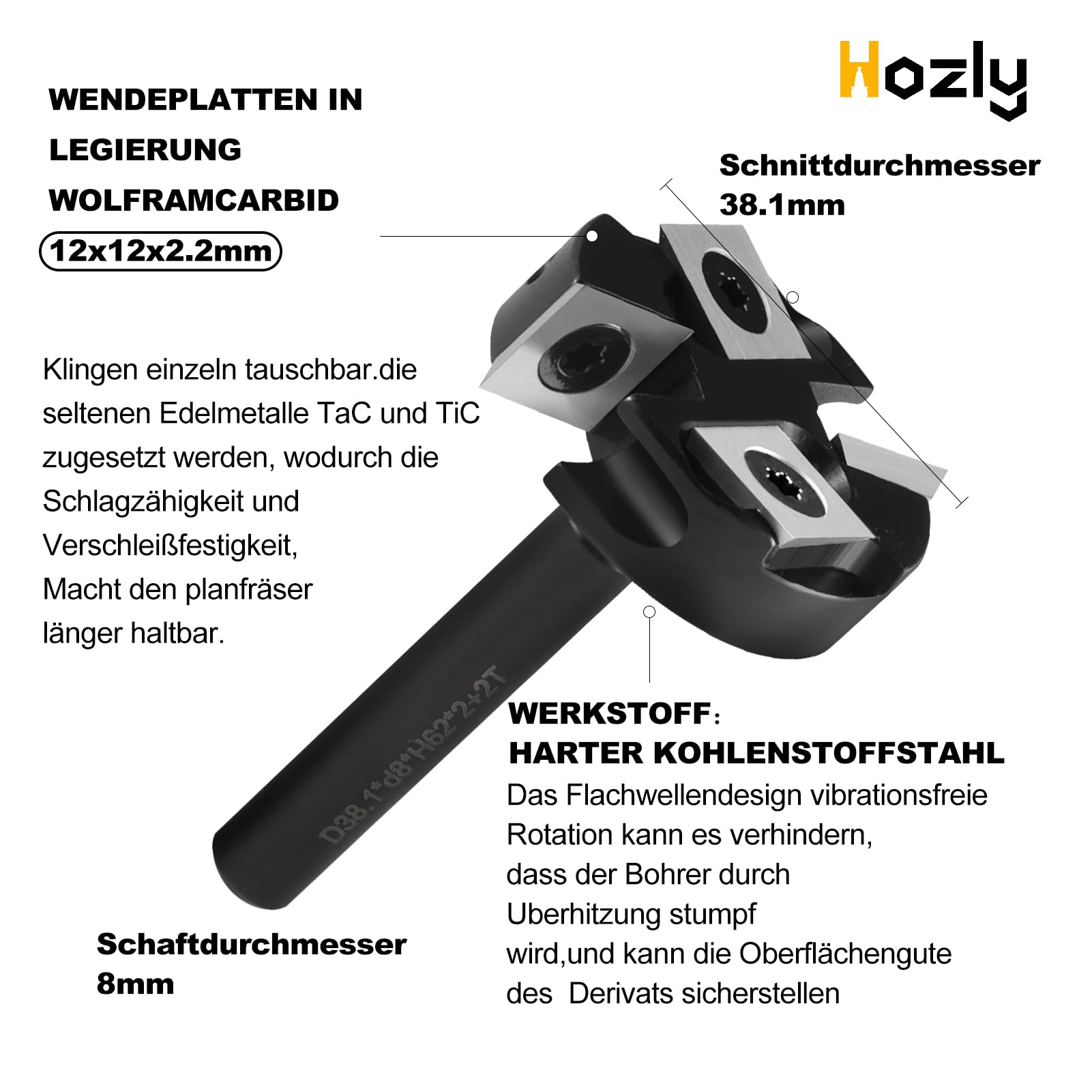 Frez czołowy do frezarki górnowrzecionowej do cięcia drewna Ø 31,8 mm / trzpień Ø 8 mm frez czołowy / frez do rowków / frezowanie krawędziowe, z 10 wymiennymi nożami z twardego metalu 2 + 2