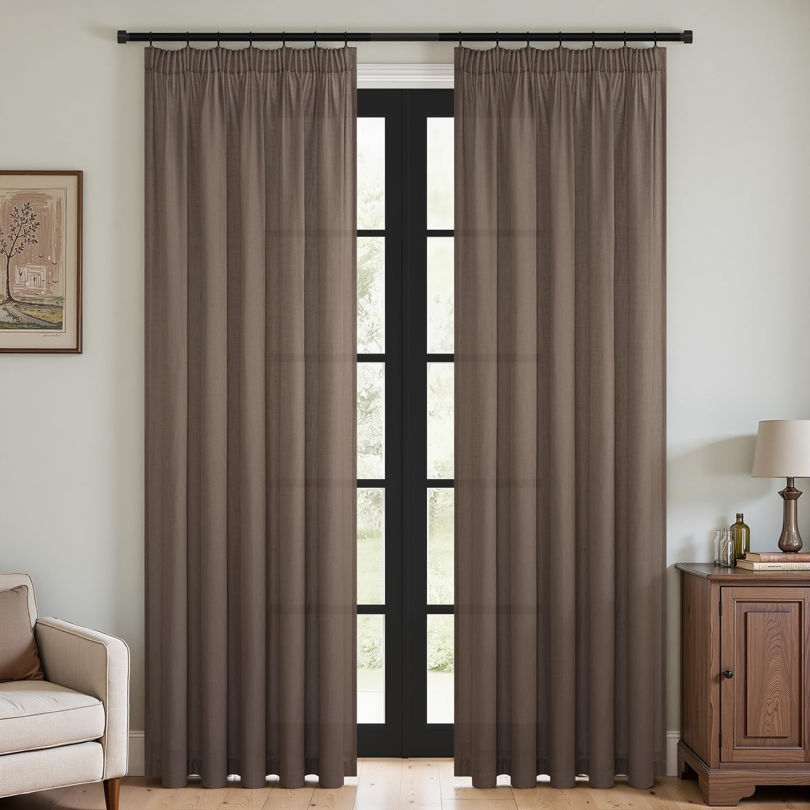 Topfinel Leinen Gardinen Vorhänge mit Kräuselband Voile Vorhang Halbtransparent Vorhänge Schlafzimmer Gardinen Wohnzimmer Modern Scheibengardinen 2 Stücke Ösenschal Boho