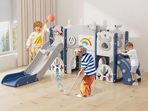 YUFU Tobogán infantil 13 en 1 para niños pequeños, juego de tobogán con golf, tabla de dibujo, escalador, aro de baloncesto y espacio de