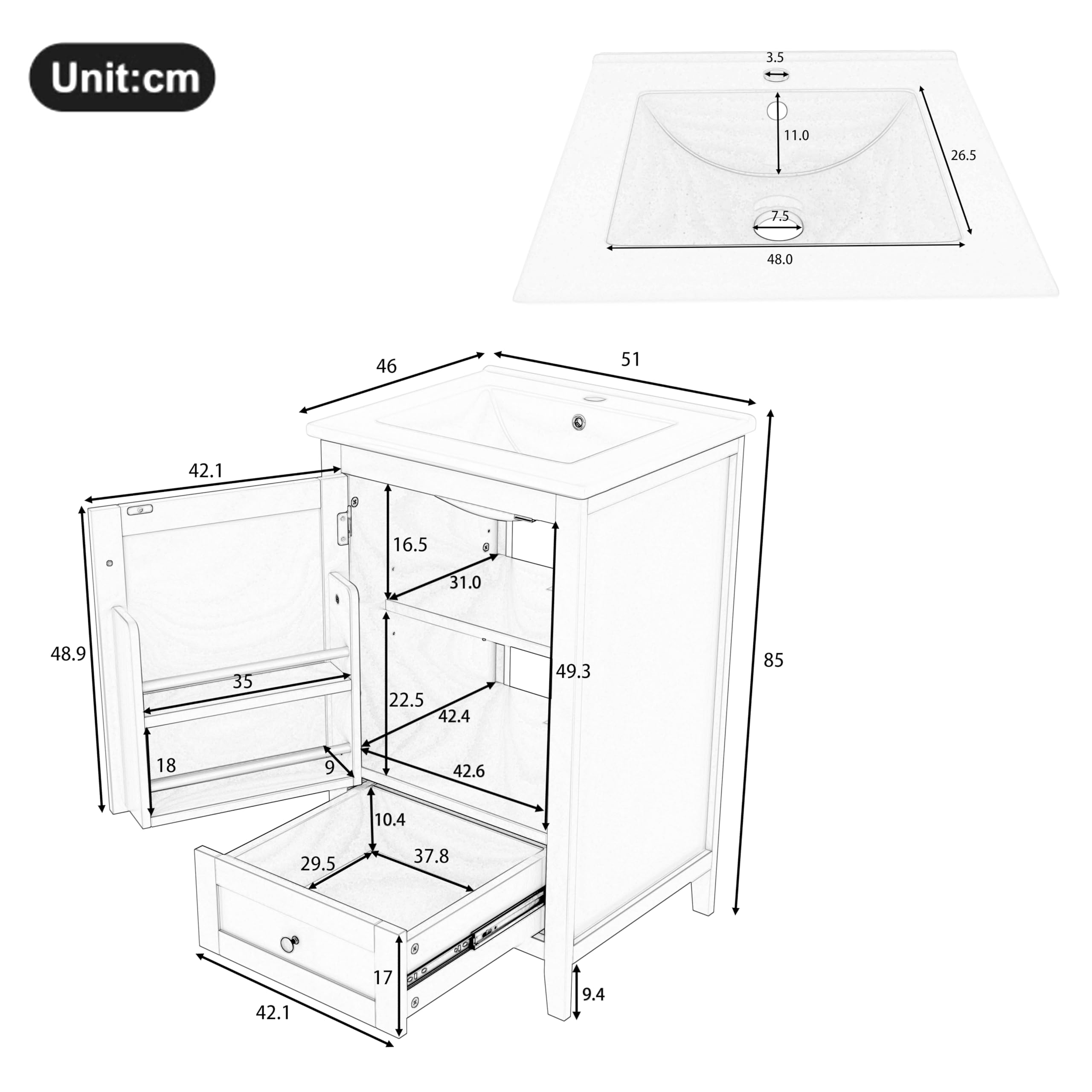 51 x 46 x 85 cm, mueble de baño de pie con lavabo, lavabo completamente lacado, estante para puerta, cajón silencioso con gran capacidad, estante ajustable, lavabo de cerámica, color blanco