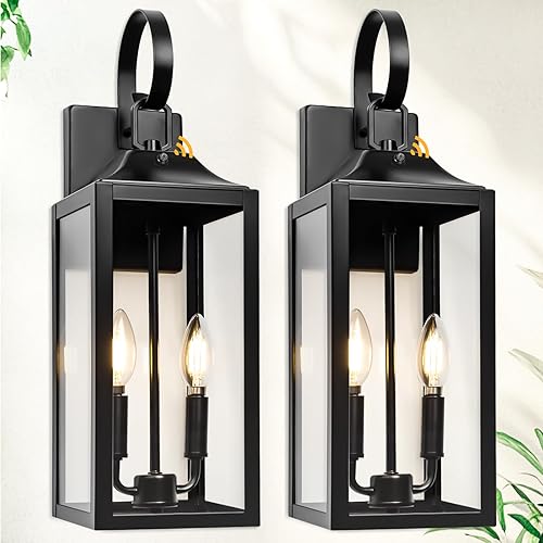 Farol de pared negro para exteriores del anochecer al amanecer, 2 luces, 19 pulgadas, gran lámpara de pared moderna para exteriores, lámpara