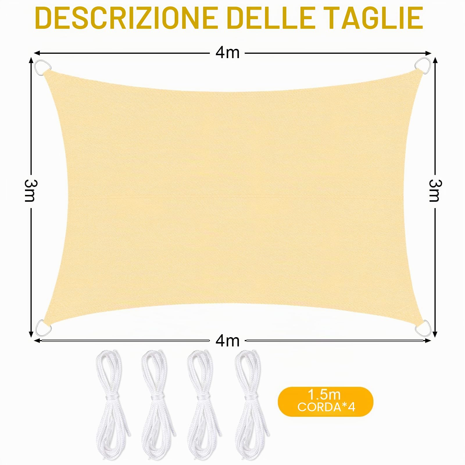 Vela Ombreggiante Rettangolare 3x4 m, Tenda da Sole per Esterno, Impermeabile Protezione UV 95%, Tenda a Vela per Terrazza, Giardino, Balcone, Campeggio (Colore Sabbia)