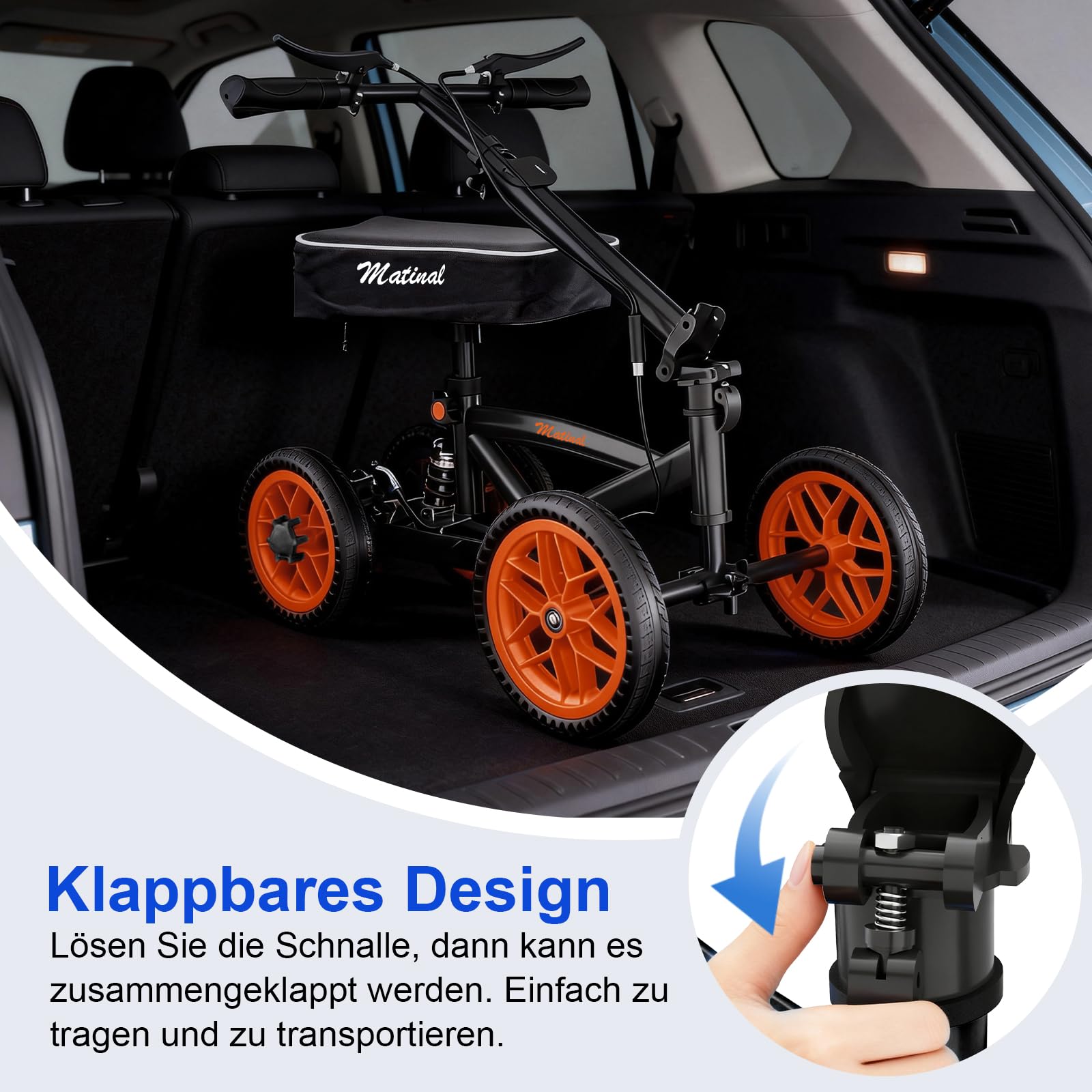 Knie Roller mit Stoßdämpfung – Stabiler Knie-Rollator bis 136 kg, höhenverstellbare Gehhilfe für Erwachsene nach Fuß-OP, inkl. abnehmbarer Tasche & 28 cm Vorderrad (Orange)