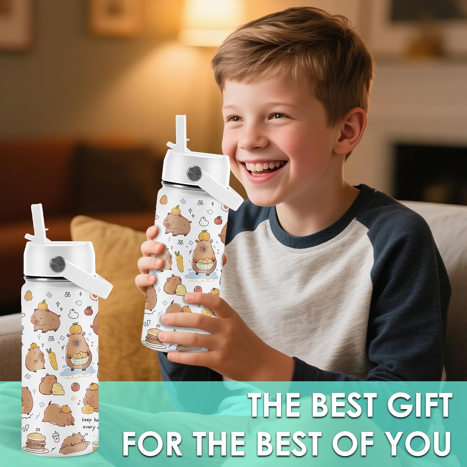 Capybara Gifts for Kids - 16oz Capybara Water Bottle with Straw Lid, Stainless Steel Insulated Bottle, Leak Proof, BPA-Free, Capybaras Cup for School, Travel, Kawaii Gift Cup Children Birthday(1pc) - Image 9