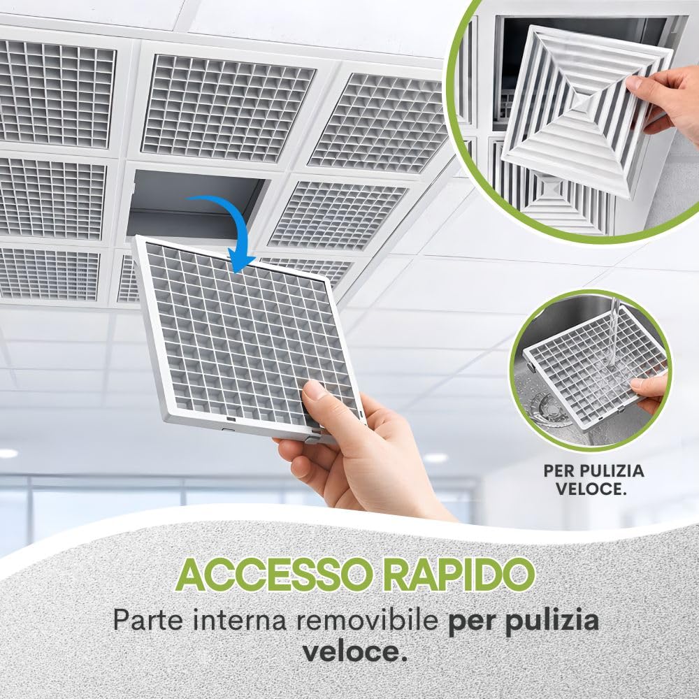 Griglia di Ventilazione XXL 60×60 cm per Soffitto – Diffusore Aria Mandata e Aspirazione | Controsoffitto Modulare e Cartongesso | Plastica Tecnica | Area Libera ~50% | Parte Interna Removibile - RS
