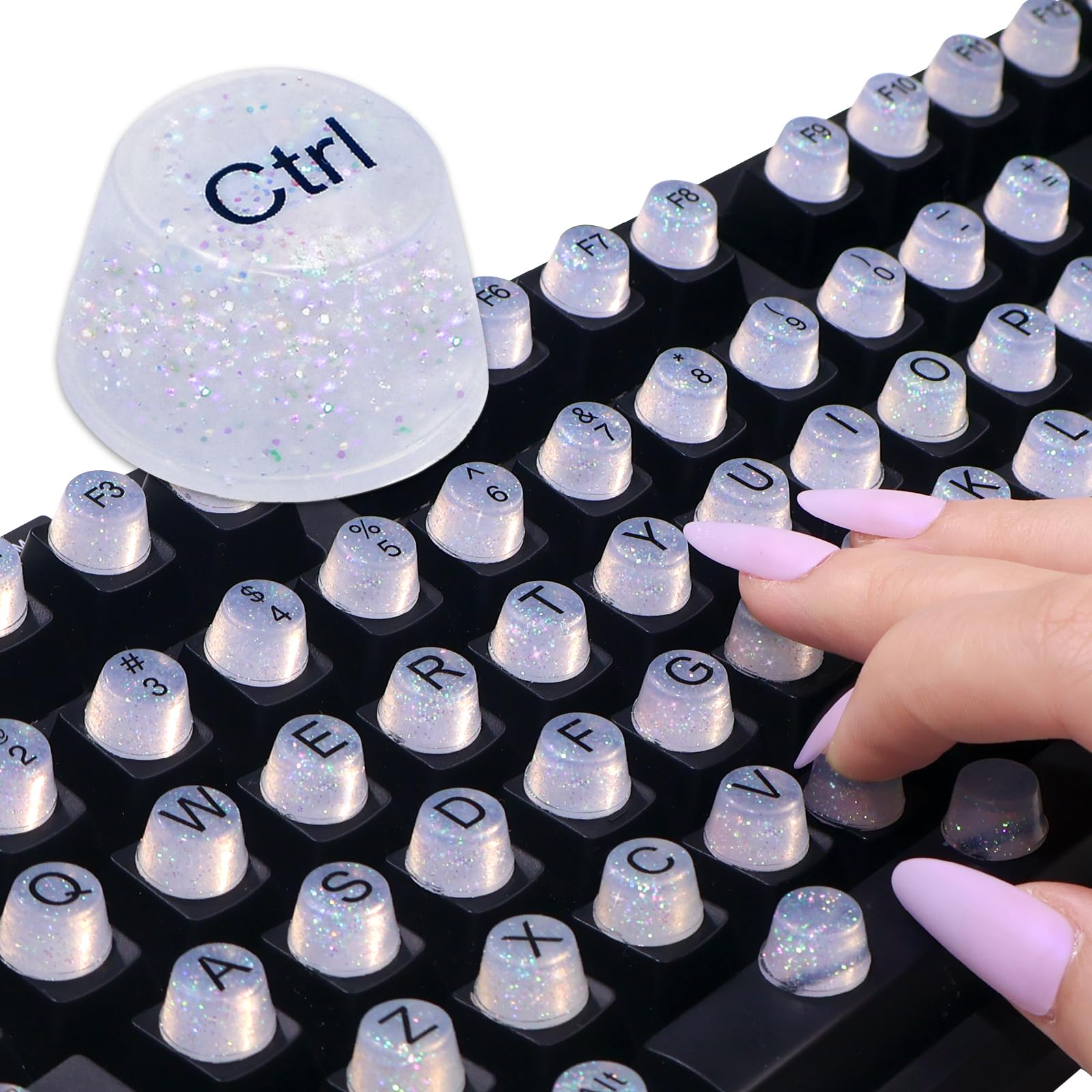 Raised Keyboard Stickers for Long Nails, Bling Keyboard Bubbles for Women with Letters, Soft Silicone Nail Art Typing Keycaps for Desktops (Clear,