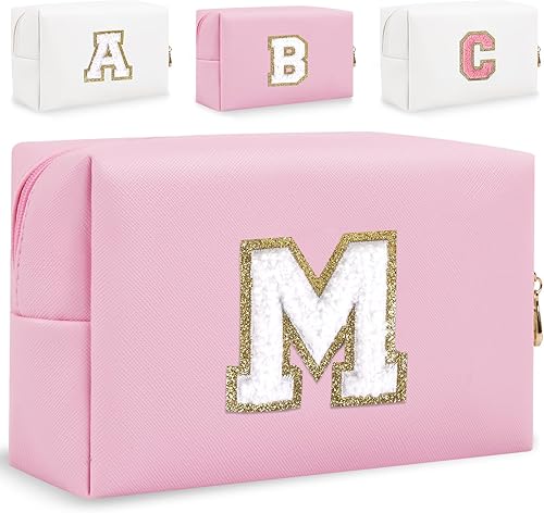 HENGNI Pequeña bolsa de maquillaje personalizada, bonita bolsa de maquillaje de piel sintética con letras de chenilla, bolsa de cosméticos de viaje,