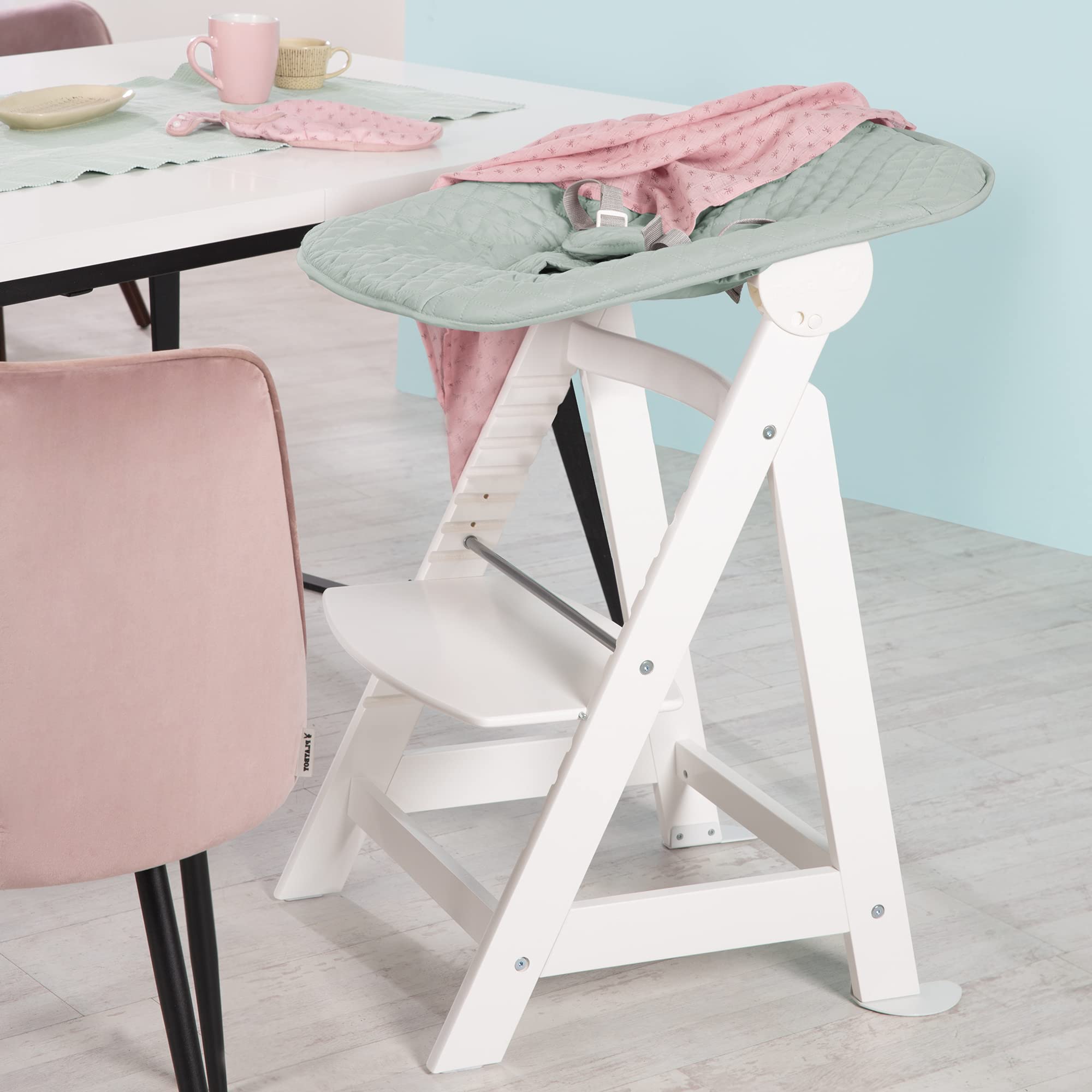 roba Seggiolone Evolutivo Born Up 2in1, Sdraietta roba Style Verde Ghiaccio Reclinabile, Fodera Impermeabile, Altezza Regolabile, Robusto e Resistente, Ergonomico, fino ai 70 kg, Legno Laccato Bianco