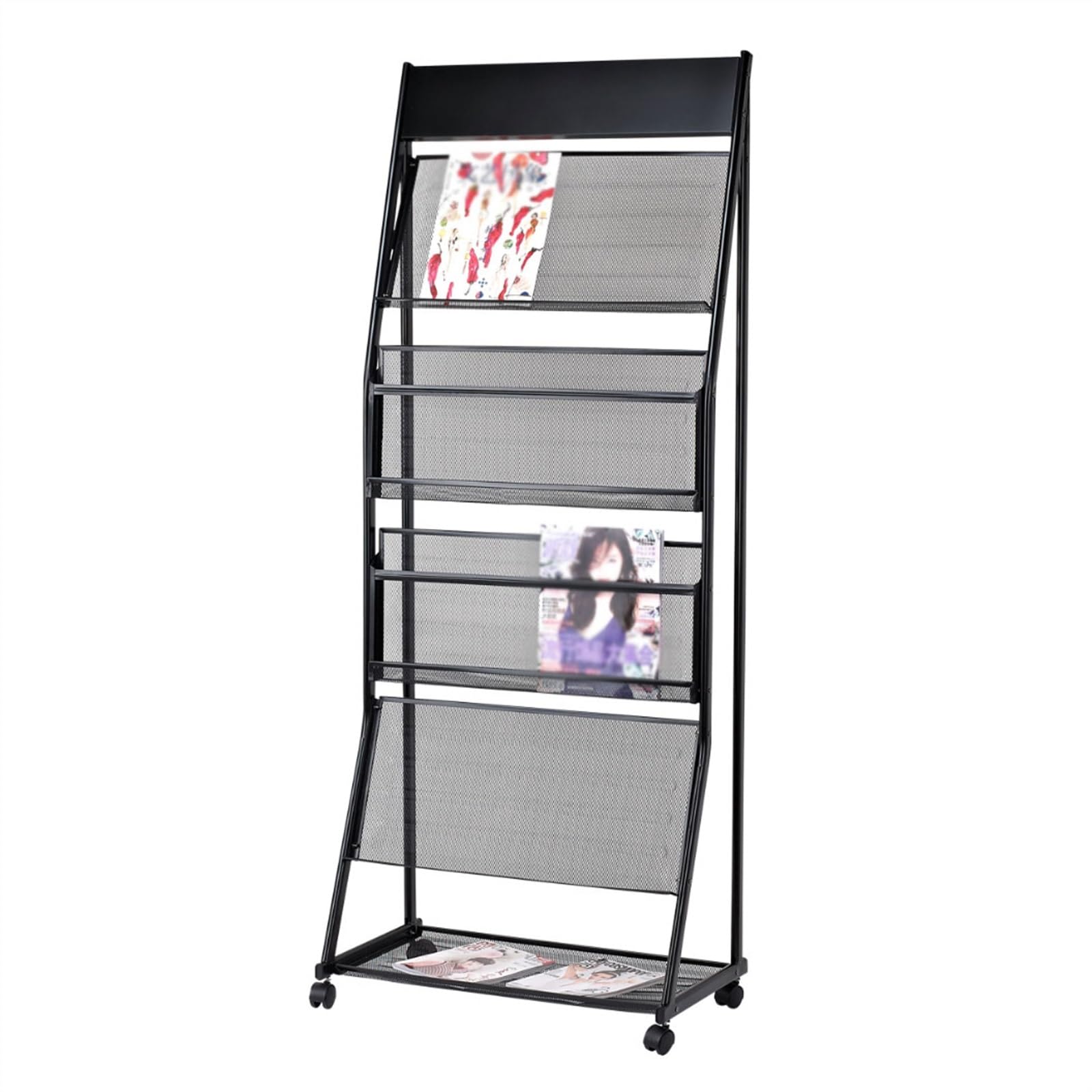Zeitschriftenständer Zeitschriftenhalter-Broschürenständer, bodenstehender Zeitungsständer, 4-lagiger Zeitungsständer aus Stahl mit Rädern, Spleißhalterungen for einfache Installation Zeitungsständer(