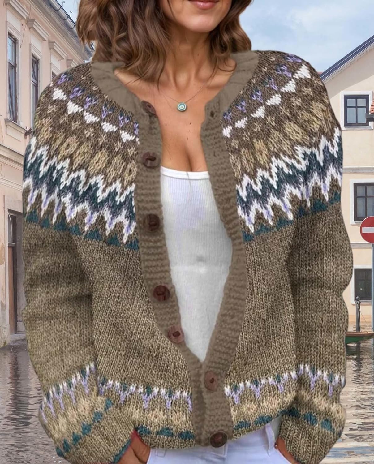 Women's Fair Isle Pattern Knit Cardigan Sweater Vintage Button Down Open Front Jacket Coat for Fall & Winter 2025 - Image 6