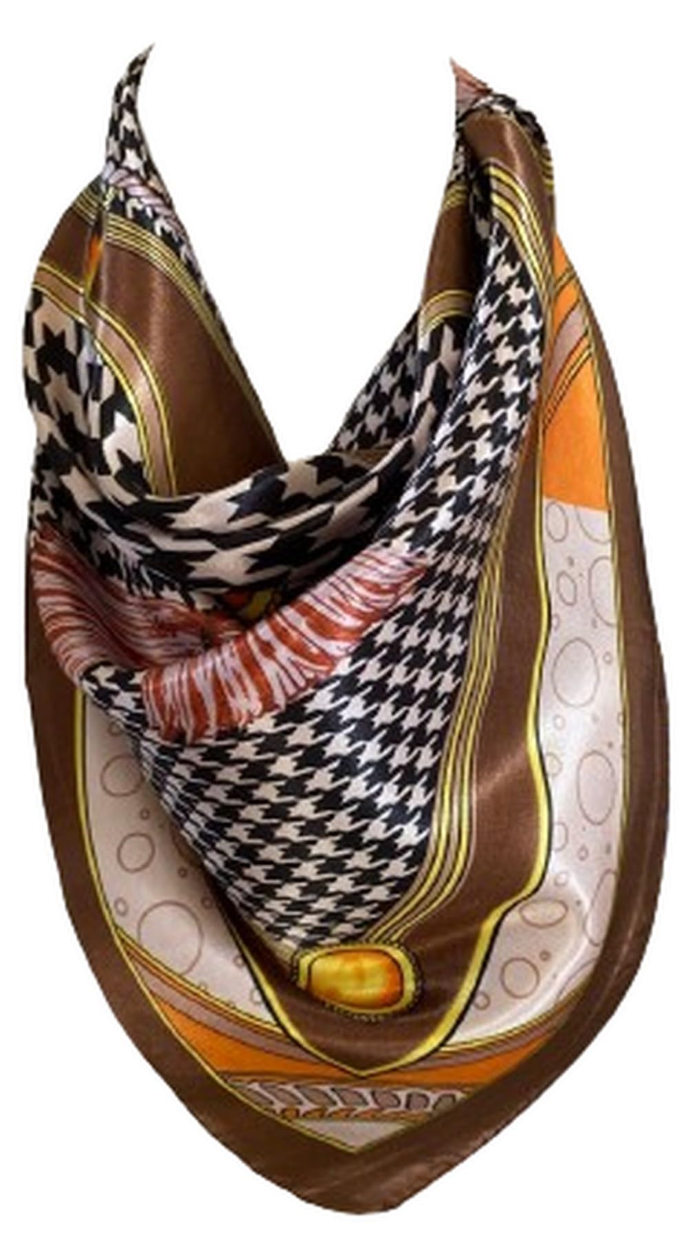Women’s Houndstooth Print Silk Scarf Satin Large Square Bandana Neck Hair Scarf, Beach Bandanas, Head Scarves, Neckerchief (Brown)