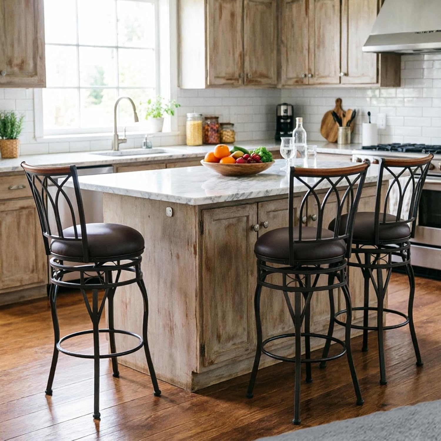 Farmhouse Swivel Bar Stools with Backs Set of 2, Adjustable 25"/30" Industrial Counter & Bar Chairs with Brown PU, Antique Brass Metal, Vintage Rustic Wood for Kitchen Island, Pub, Bistro