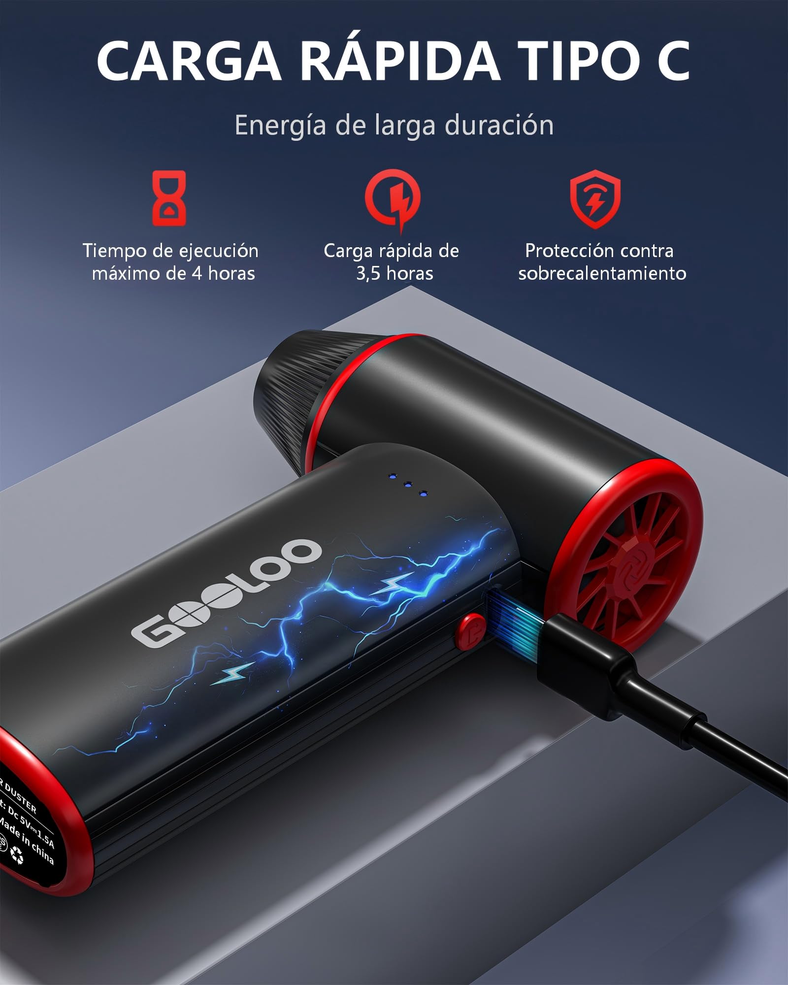 GOOLOO F3 Soplador de polvo eléctrico aire comprimido, 150000 RPM 52M/S 3 velocidades ajustables, carga rápida, soplador limpieza para PC coche exterior sofá (Negro)
