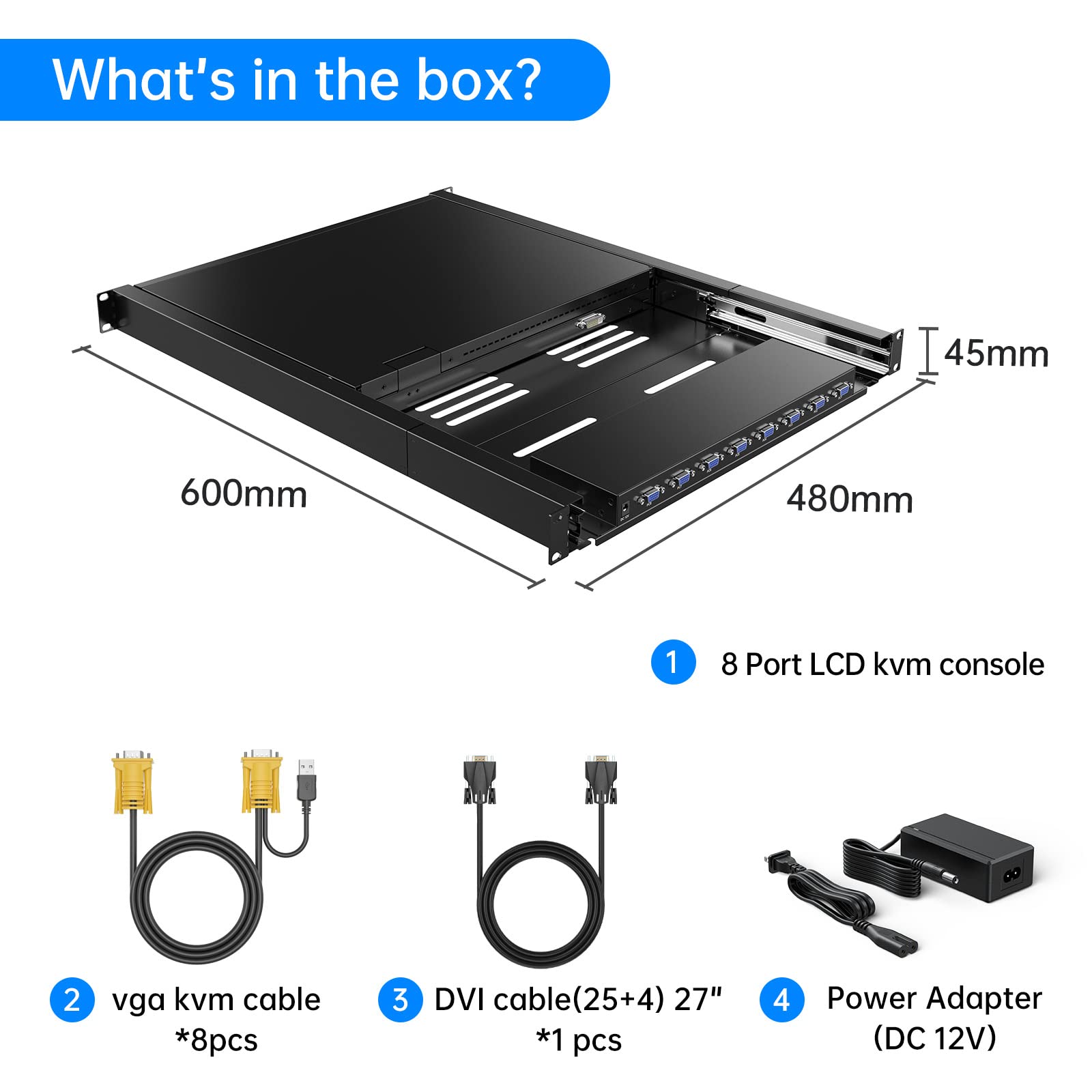 Consola KVM LCD de 17 pulgadas, 8 puertos, VGA, montaje en rack, conmutador KVM, 8 puertos, para armario estándar 1HE de 19 pulgadas, 600 mm - 800 mm, Touchpad Hotkey OSD