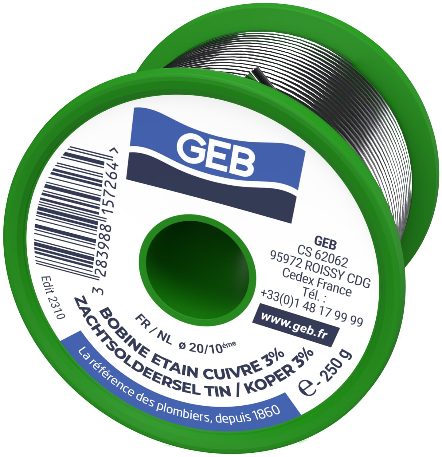 GEB Bobine étain/cuivre 3%. Convient pour braser Le cuivre et Ses alliages, Argentée. sans Plomb. Conseillée pour Les canalisations d'eau Potable - Bobine 250g