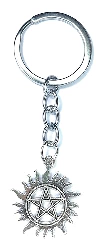 FizzyButton Gifts Supernatural Pentagram Sun Charm Keyring Key Ring with Silver Tone Keychain