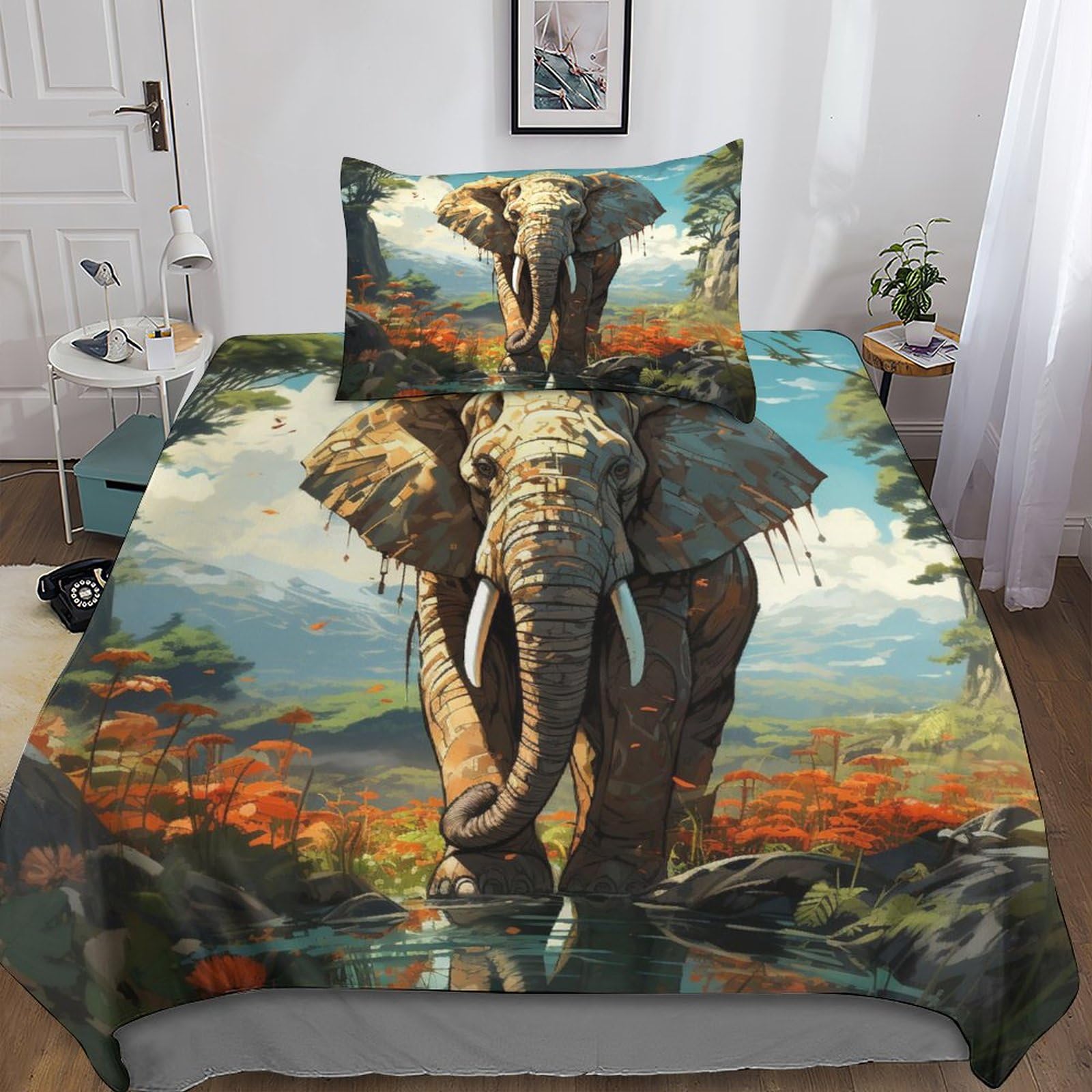 Housse de couette éléphant en tissu respirant 135x200cm avec taie d'oreiller pour lit une place