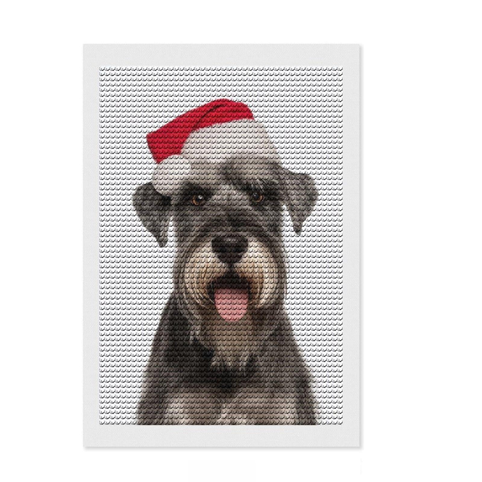 Junmoney Standard Schnauzer with Santa Hat DIY Diamond Art Canvas Kit 8"x12", Stress Relief Craft, Boho Decor, for Family Craft Time, Festive Craft Gift