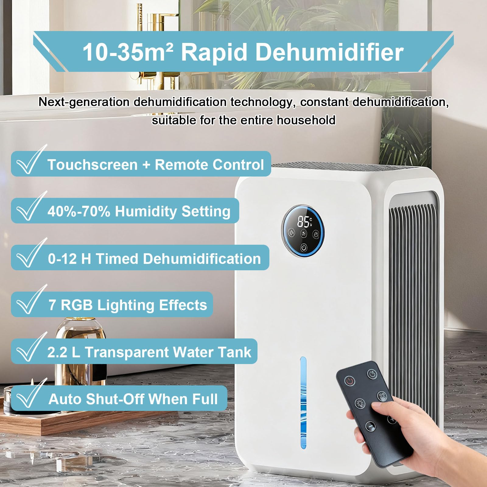 Osuszacze Powietrza Do Domu O Powierzchni 10–35 m², Przenośny, Cichy, Biurkowy Pochłaniacz Wilgoci, Regulacja Wilgotności 40–70% + 12-Godzinny Timer, Ekran Dotykowy I Pilot