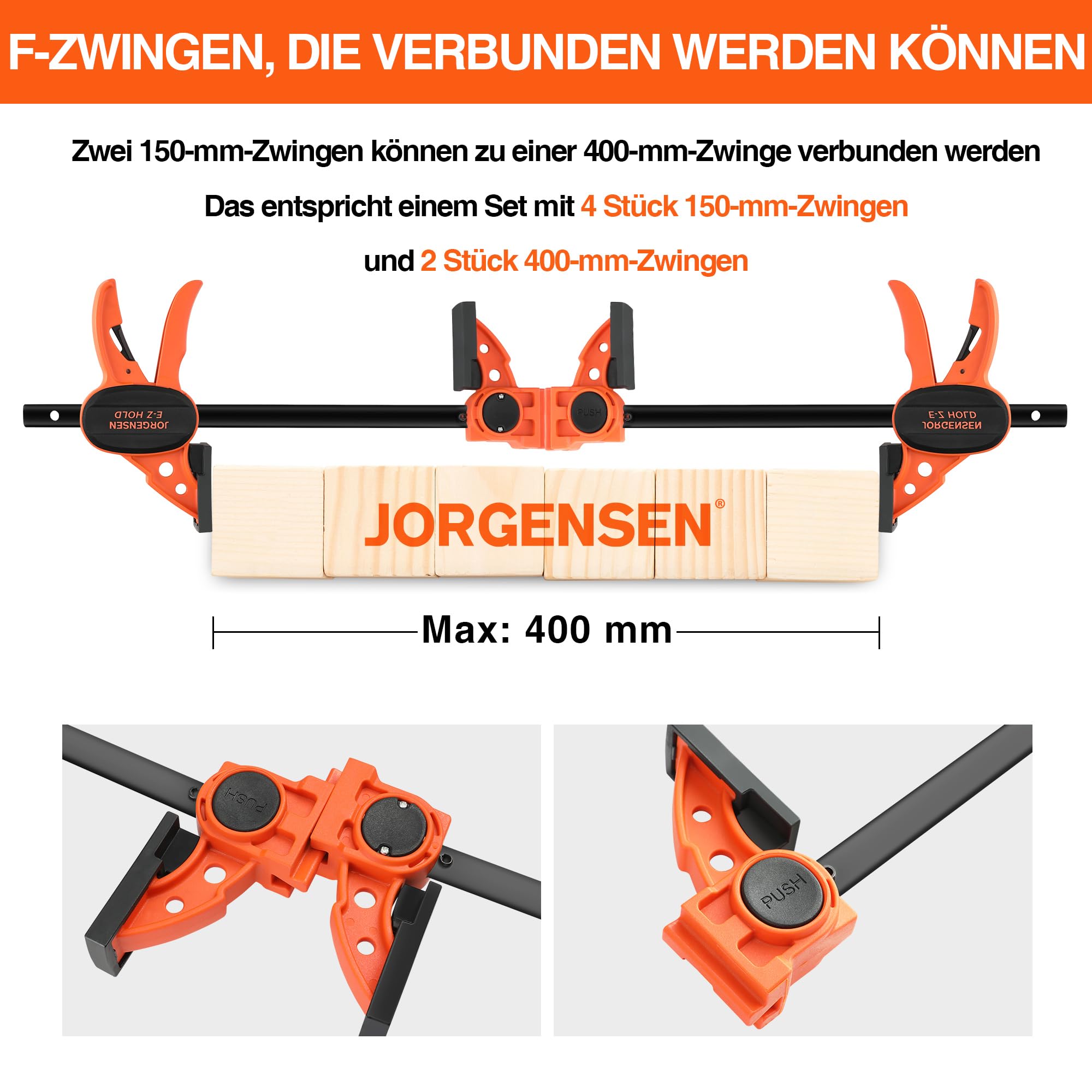 JORGENSEN Einhandzwingen 4 Stück, Profi Schraubzwingen Set 2 in 1 kombinierbar zum Spannen Dehnen, Spannweite 150/420mm, Spannkraft 68kg für stabiles Fixieren von Holz Möbel mit einer Hand