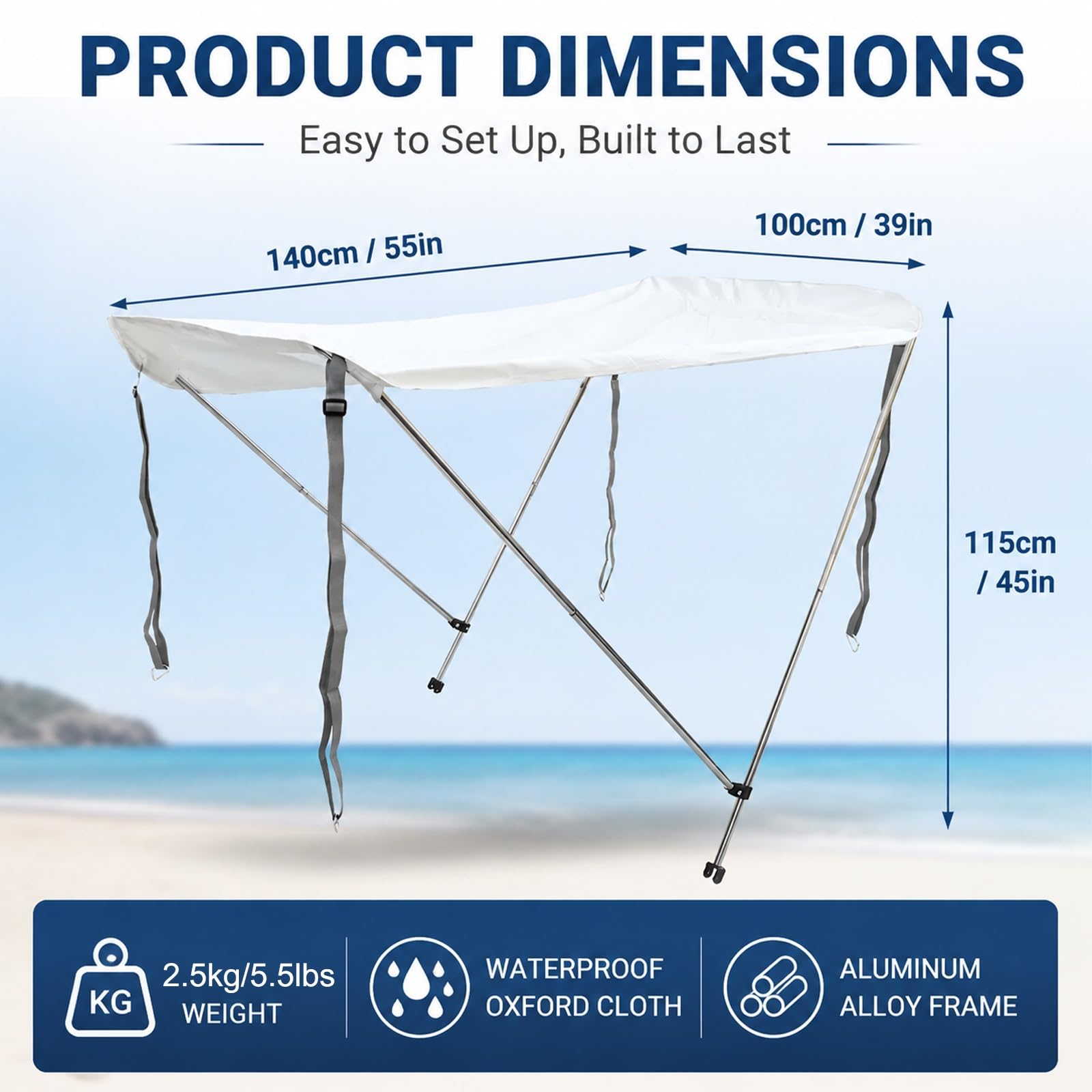Tendalino Barca 140x100cm per Barca, Impermeabile Tendalino Gommone | Tessuto Oxford Impermeabile, Struttura in Lega di Alluminio, per la Navigazione Il Kayak e la Pesca in Acqua