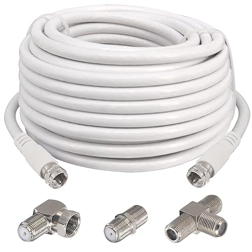 BOOBRIE Kit de extensión de cable coaxial RG6 de 32.8 pies, cable coaxial de TV blanco RG6 F macho a macho, cable conector 75 ohmios + 3 piezas