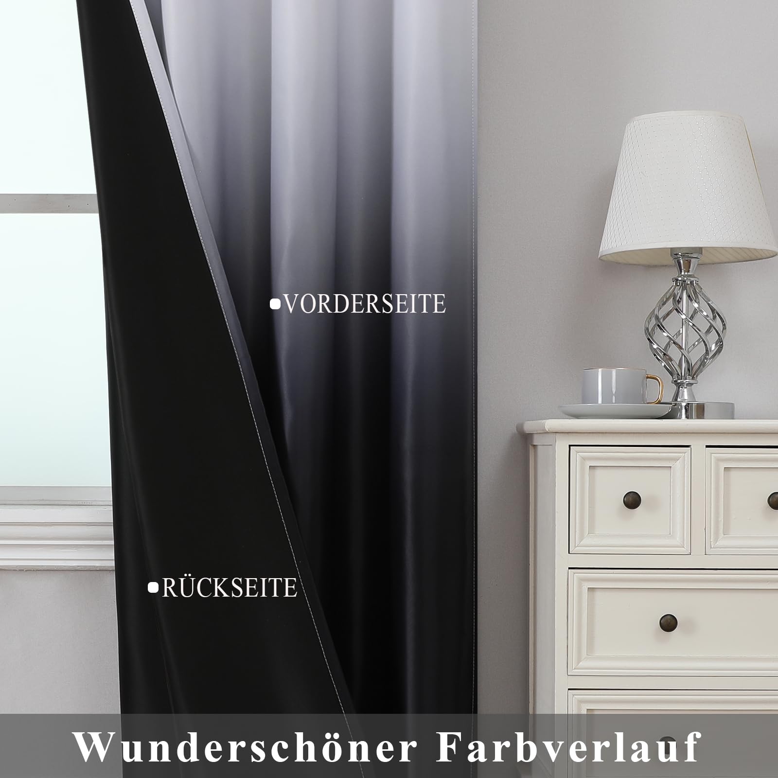Verdunklungsvorhänge mit Kräuselband, Schwarz und Weiß Vorhänge Blickdicht Schlafzimmer, Ombre Gardinen Schienensystem, 2er Set Thermovorhang Kälteschutz Blackout Curtain, H214 x B132 cm