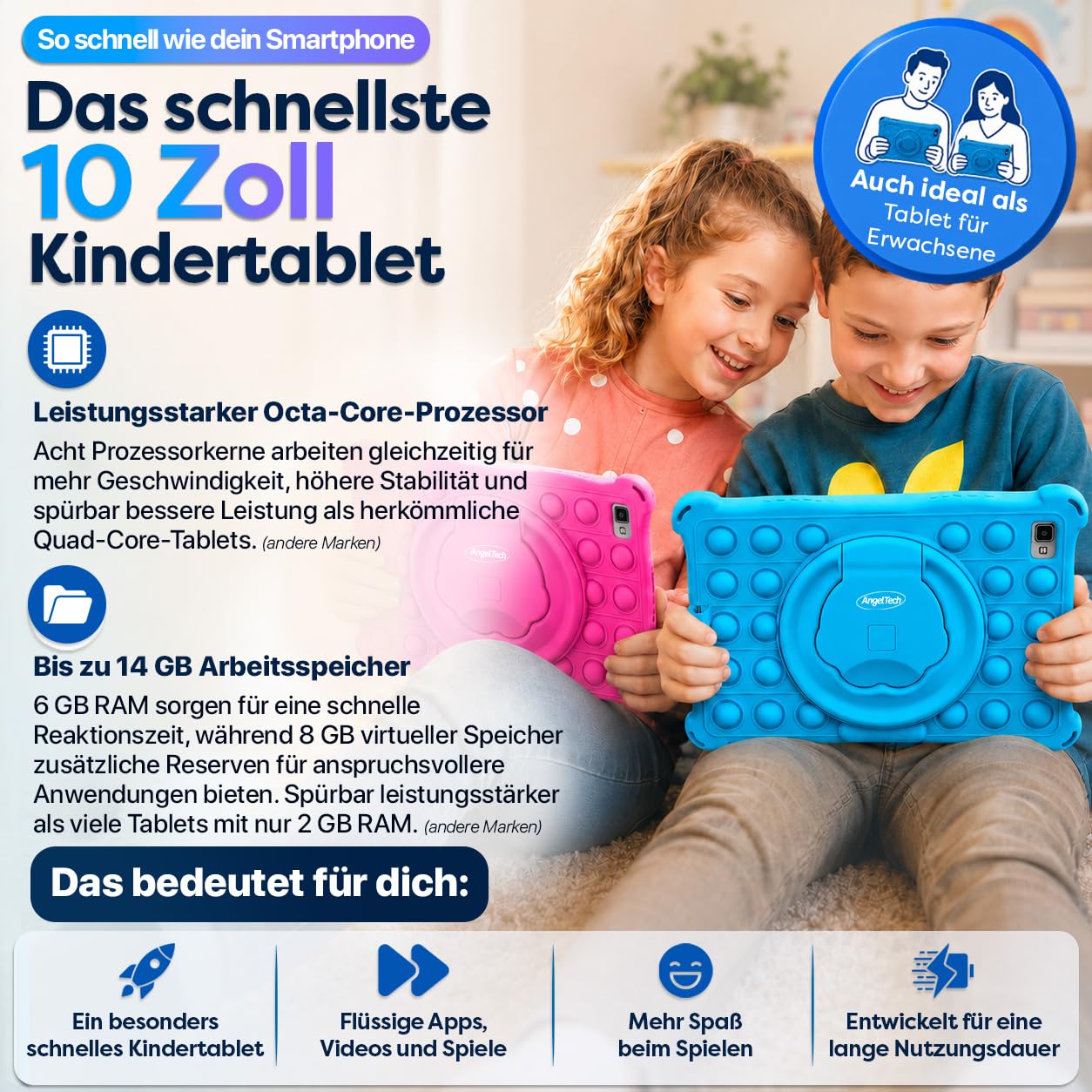 AngelTech Kindertablet XL Pro II – 10 Zoll HD 2025 – Android 16 Kinder Tablet mit Kindersicherung – 6GB RAM + 8GB virtuell, 128GB Speicher – Tablet für Kinder mit Schutzhülle – Rosa