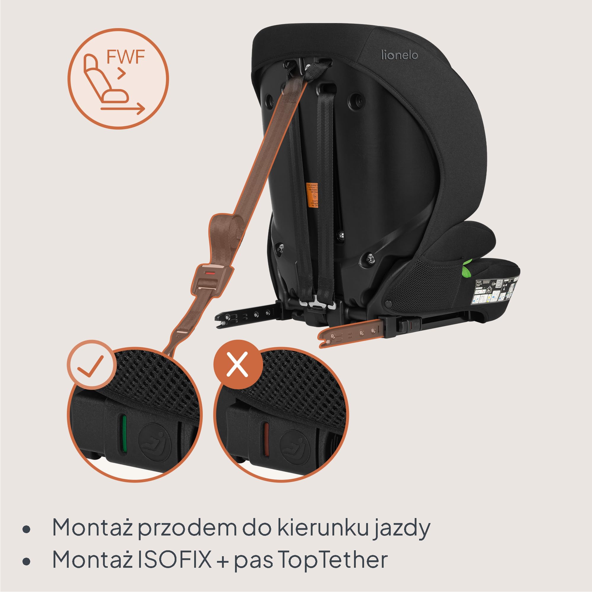 Lionelo Levi Fix I-SIZE fotelik dziecięcy 76-150 cm do 18 kg, grupa 1 2 3, osłona boczna, regulacja zagłówka 10 stopni, ISOFIX i montaż Top Tether, R129 i-Size