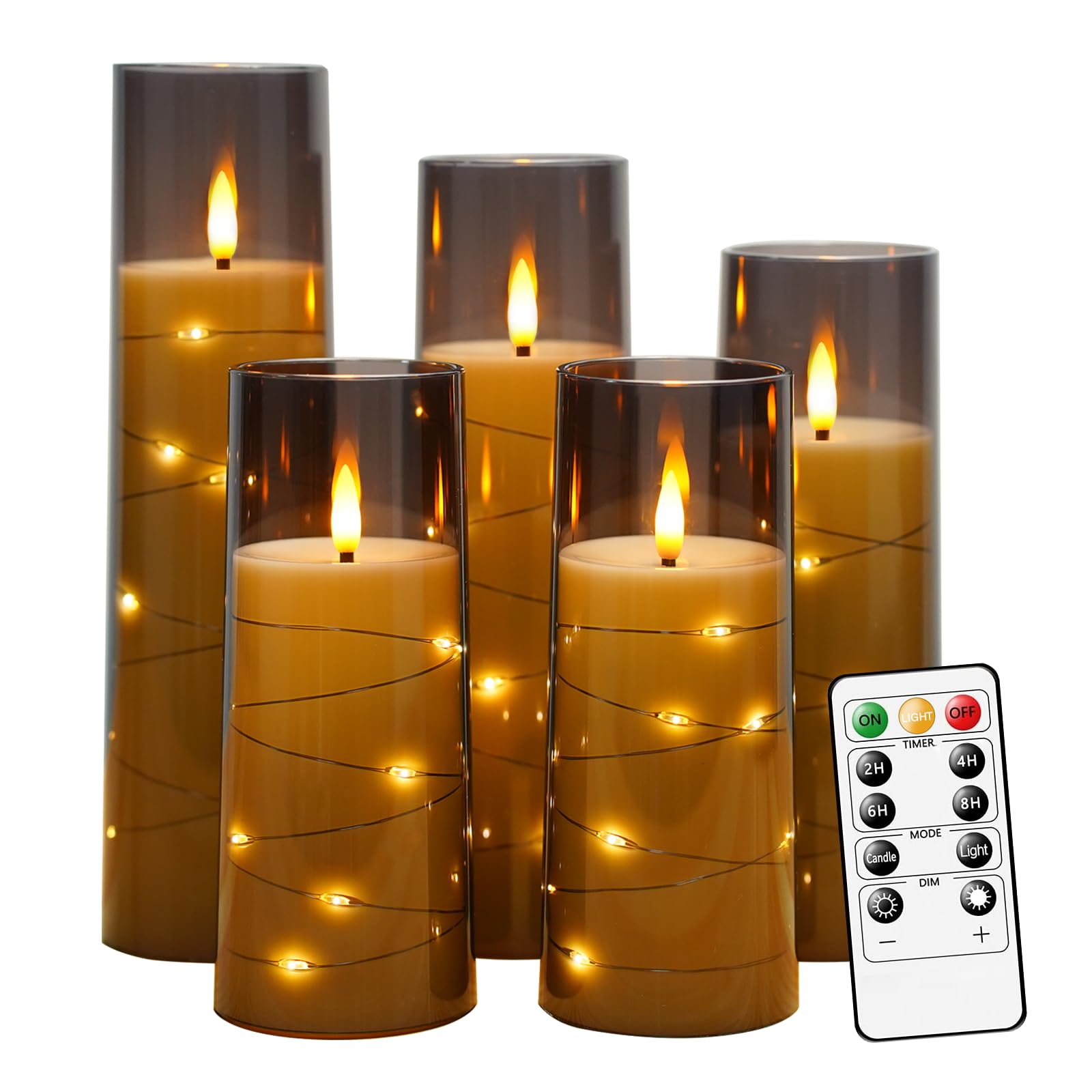 Nimiko Flickering Flameless LED Candles,Battery Operated Candles 5 Pcs with Embedded Star String,Acrylic LED Pillar Candles with Remote,Suitable for Home Decoration to Create an Atmosphere?Grey?