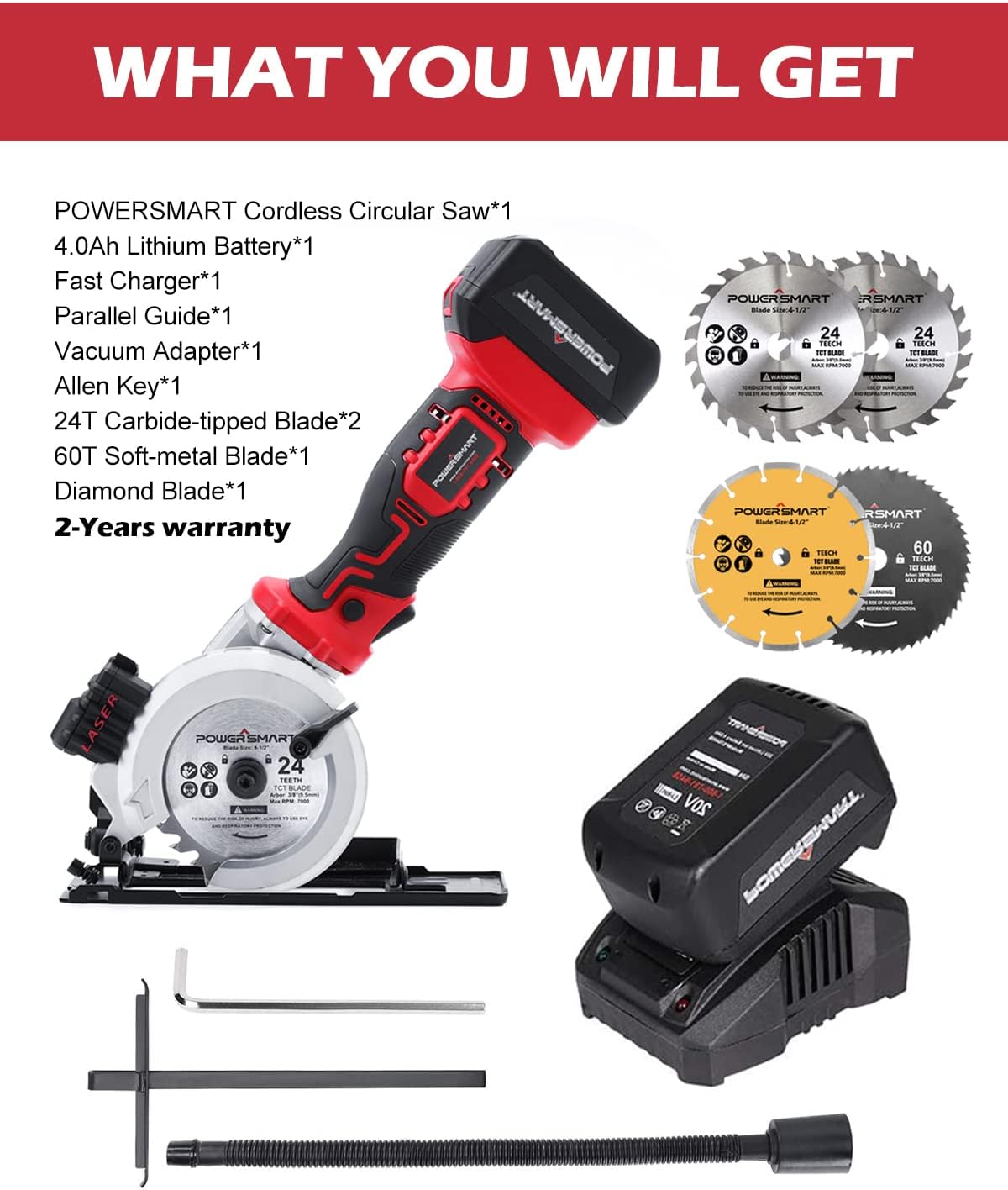 PowerSmart Cordless Circular Saw, 20V 4-1/2 Inch Mini Circular Saw Cordless, 4500 RPM, Laser & Parallel Guide, 4 Blades for Wood, Soft Metal and Tile, 4.0Ah Battery and Fast Charger Included - - 