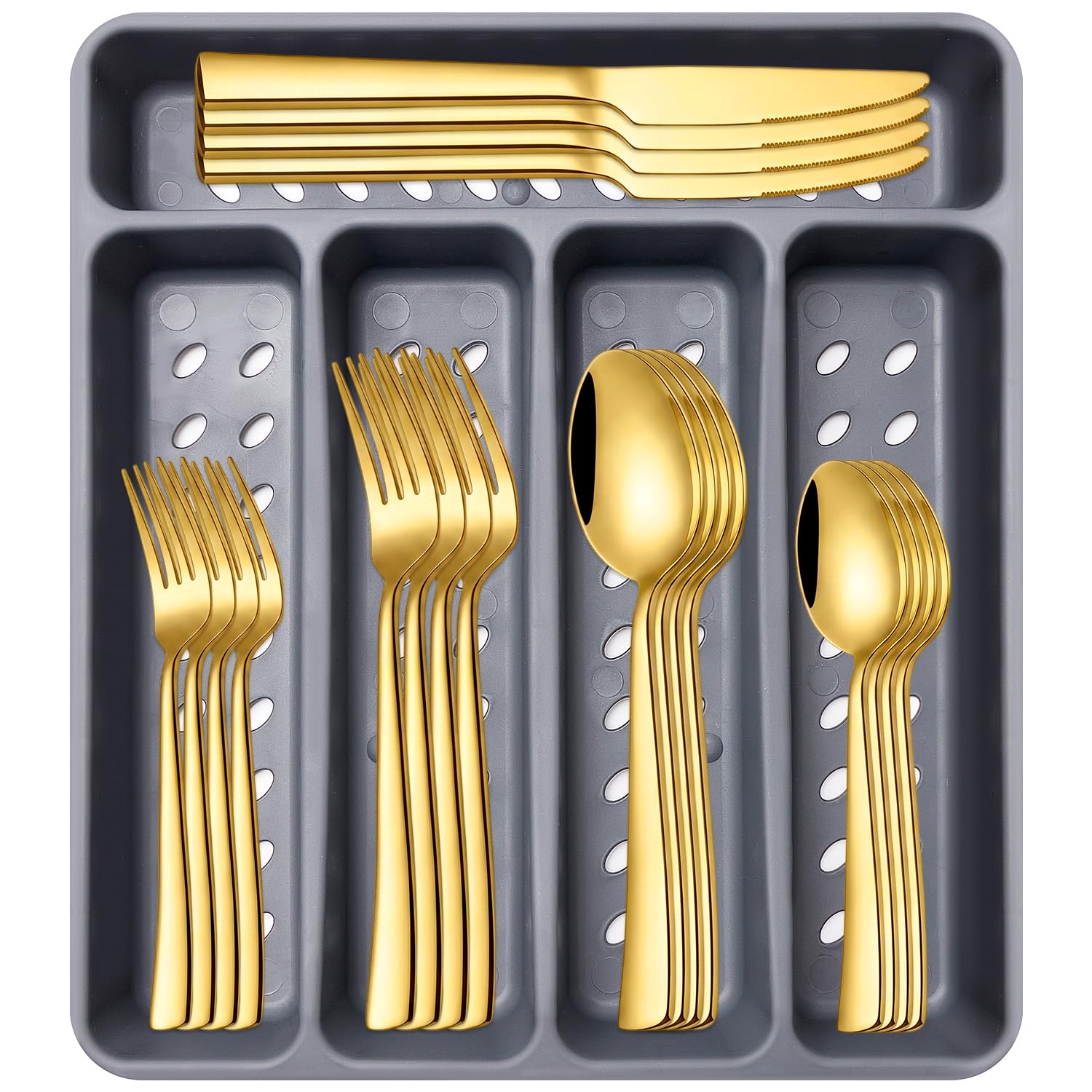 21Pcs Stainless Steel Gold Silverware Set with Organizer Eating Utensil Set