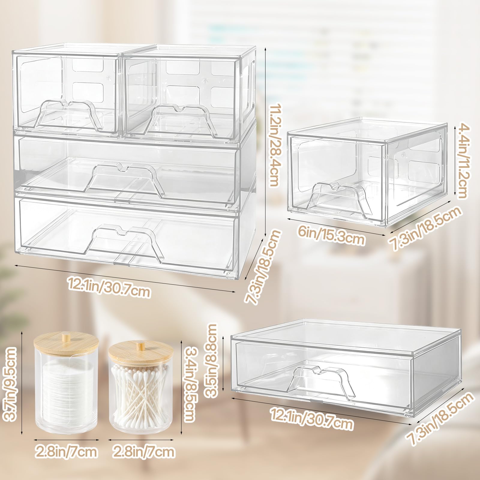 Stapelbare 4 Schubladen Kosmetik Organizer,Wattepads Aufbewahrung