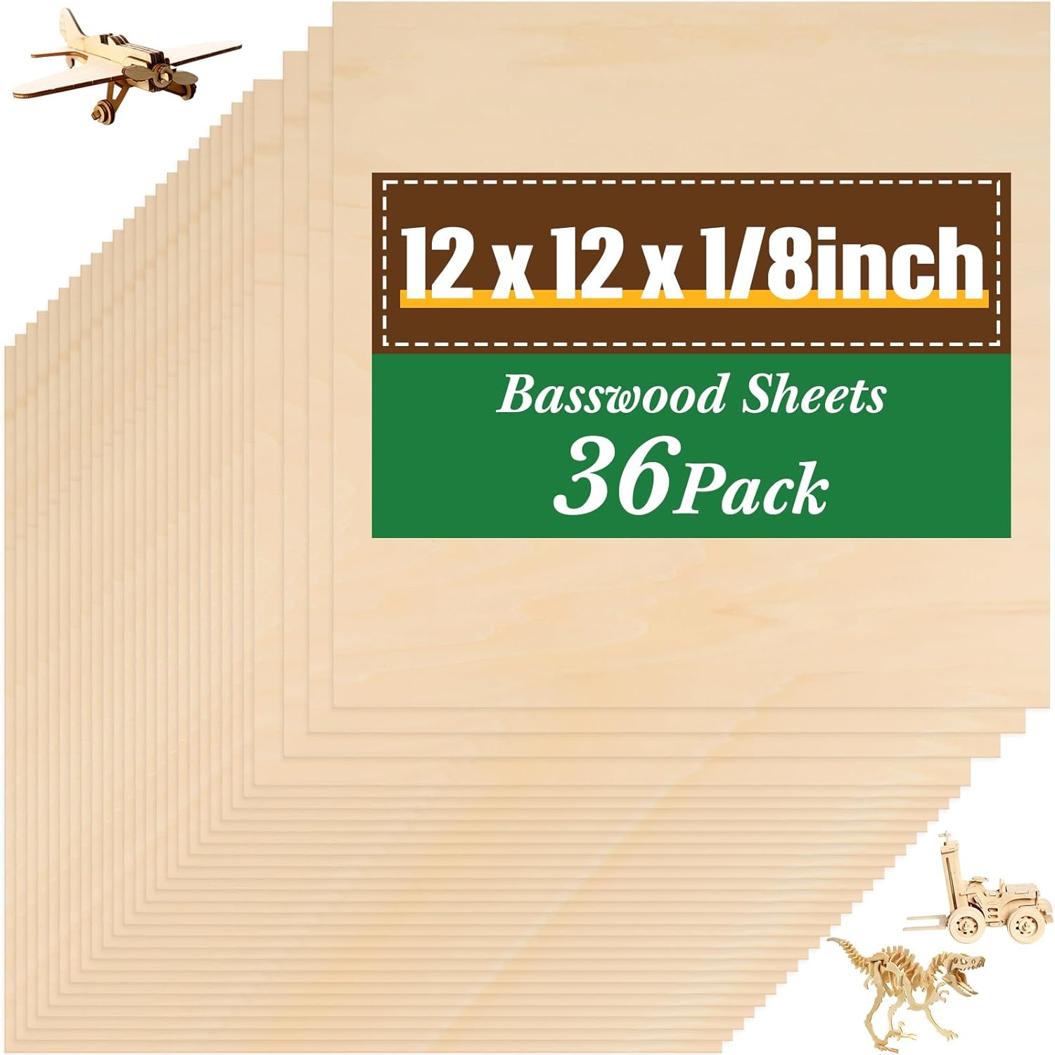 Riakrum Basswood Sheets 12x12x1/8 Inch (36 Pack) - Smooth Unfinished Plywood for Crafts, DIY Laser, Models & Architectural Builds