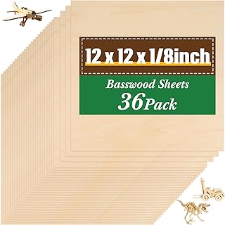 Riakrum 36 Pack 12×12×1/8 Basswood Sheets for Crafts, Laser Cutting Wood Board, Unfinished Plywood Square Panels for DIY Models, Wood Burning, Painting