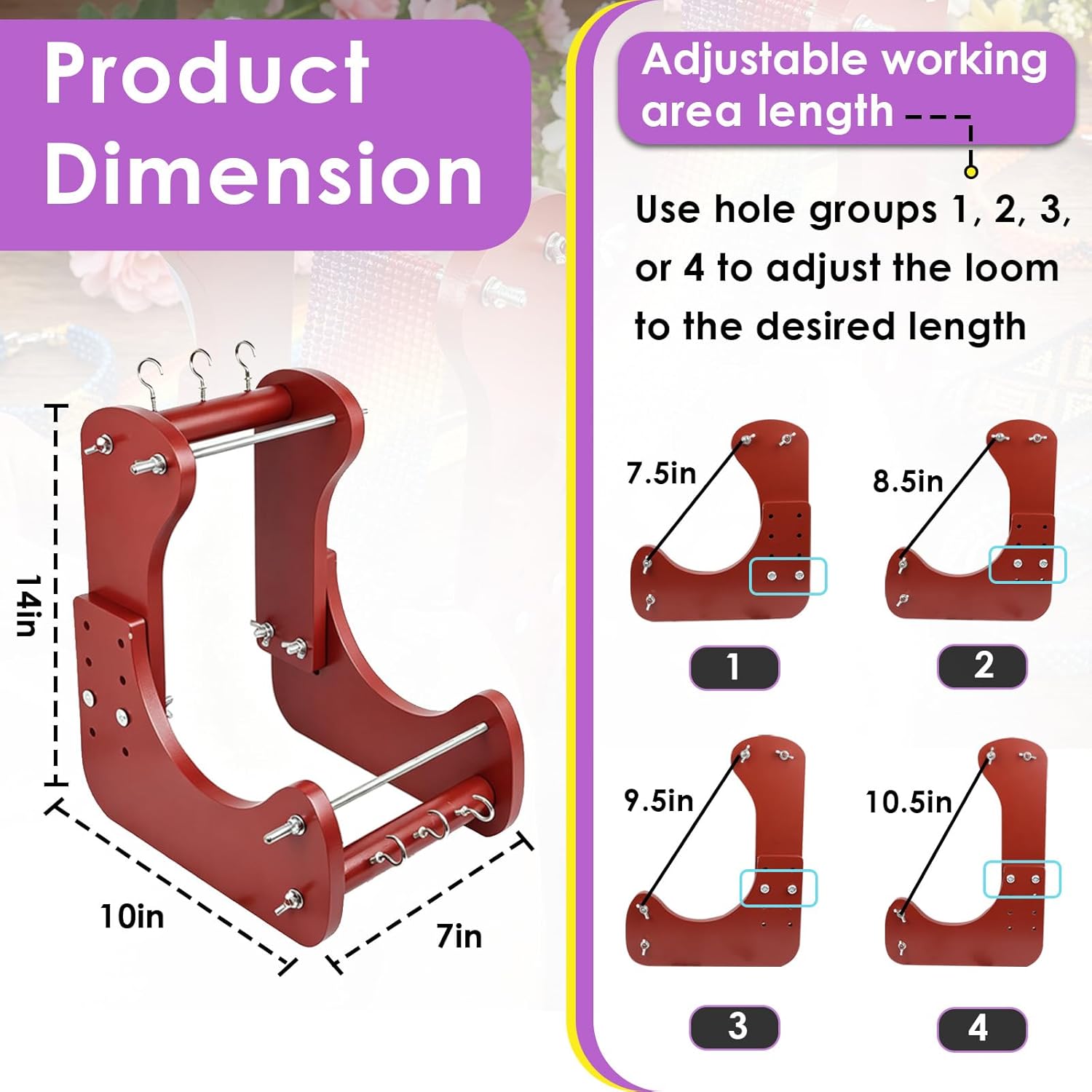 Adjustable Standing Wood Bead Loom Kit Fit for Ergonomic Angled Design with 4 Length Options, Work Area 7.5" to 10.5", Includes Threader & Brush for DIY Jewelry & Crafts