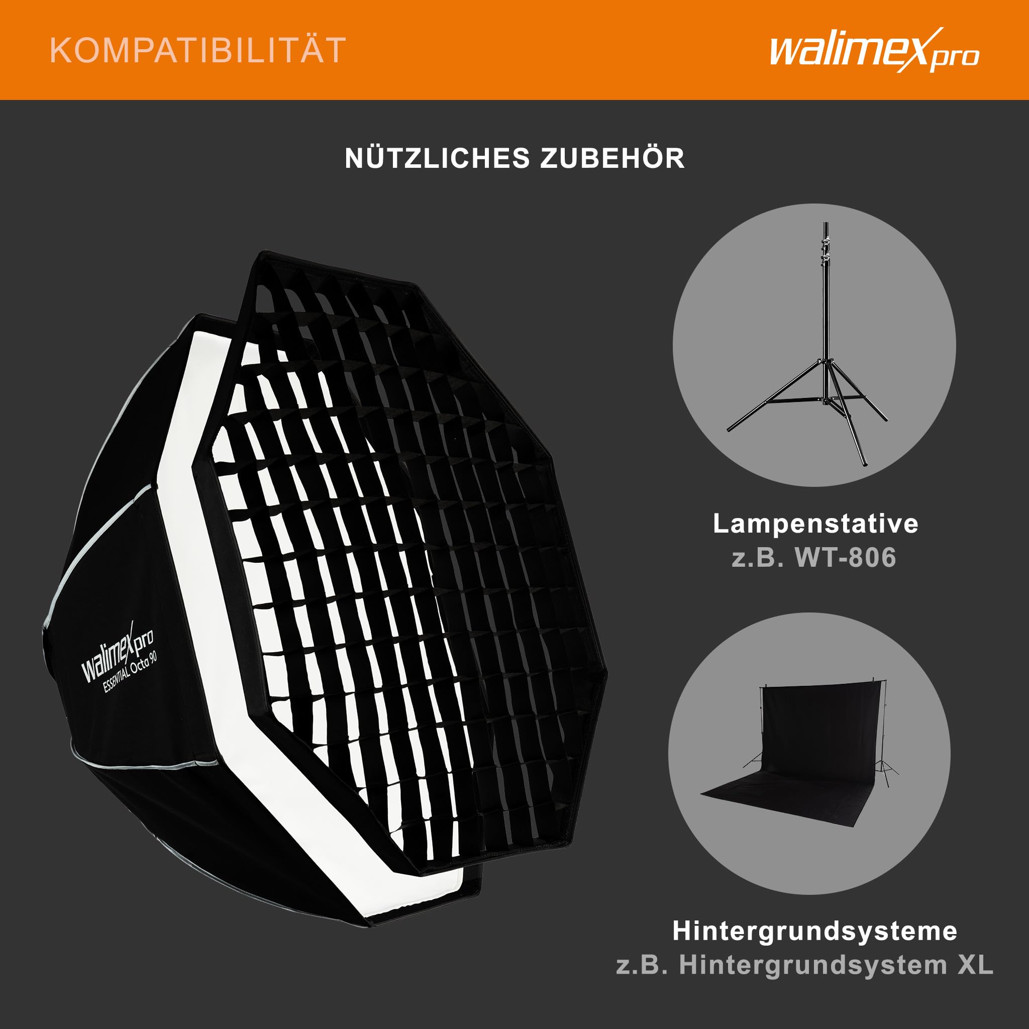 Walimex pro Essential Softbox Octagon 90cm, um 360° drehbar, einfacher Aufbau, inkl. Grid, Bowens Adapter und Transporttasche, ideal für Porträts und Beauty-Aufnahmen