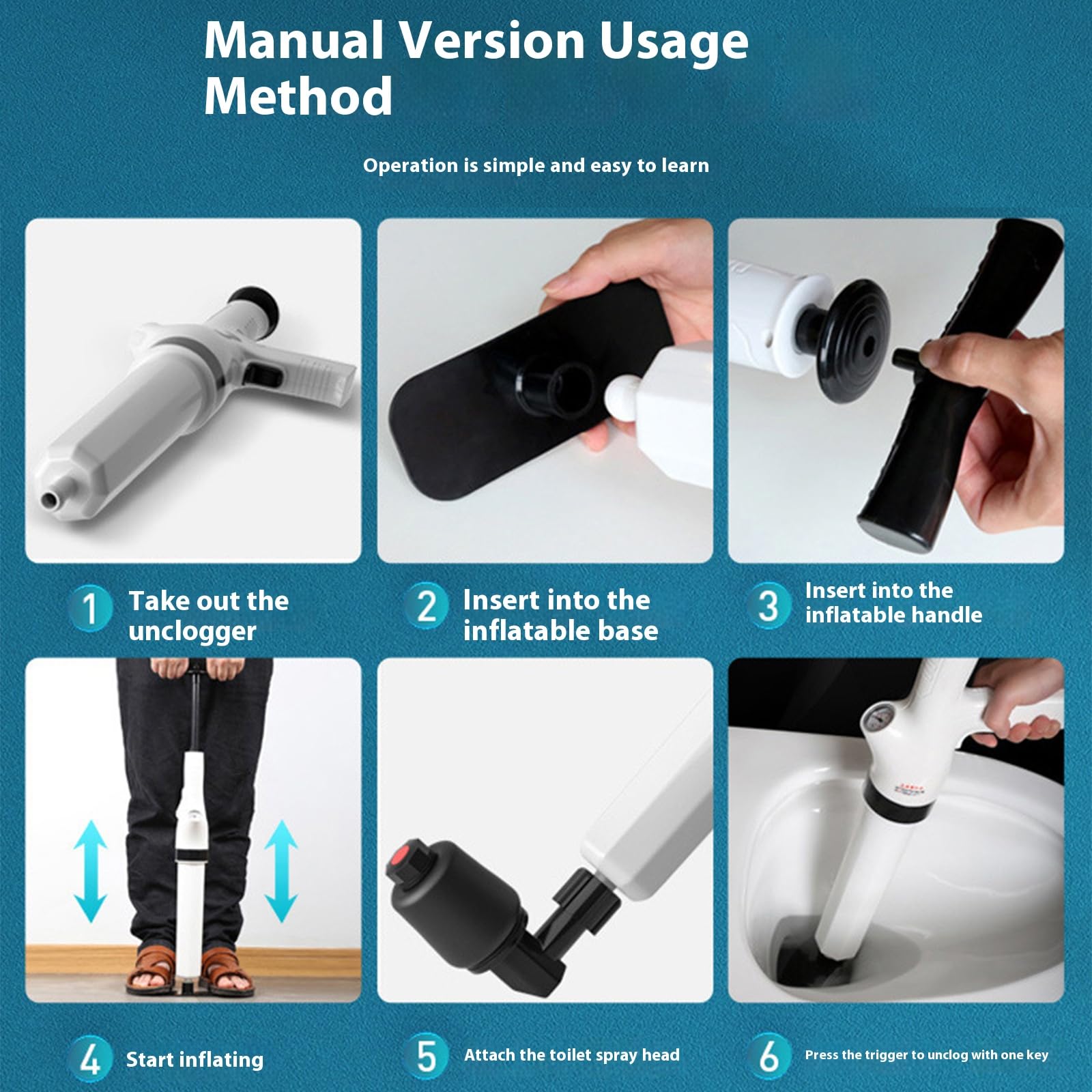 Potente máquina limpiadora de drenaje de compresión de aire, desatascador de diseño pequeño para inodoro, ducha, bañeras, sistemas de fontanería, baño, cocina, eliminador de obstrucciones