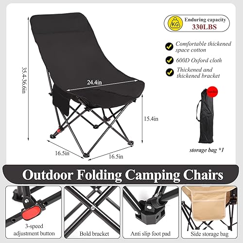 Miniatura 2 de Sillas plegables para acampar al aire libre, paquete de 2, silla de respaldo alto ajustable de 3 etapas, soporta 660 libras, cómodo cojín de esponja