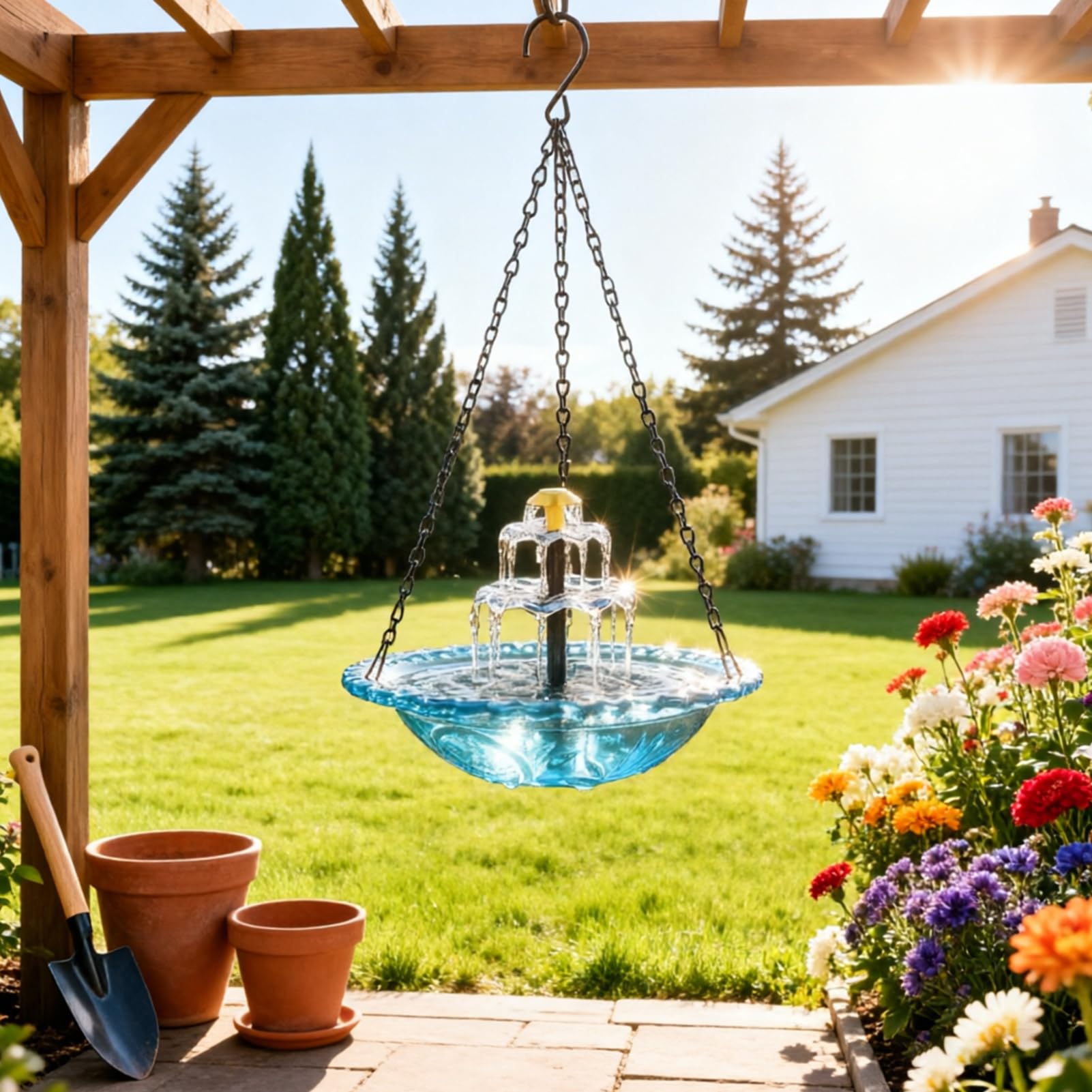 Vogeltränke Hängend mit Solarbrunnen, Solar Vogeltränke Balkon, Vogelbad Garten zum Aufhängen, Wassertränke für Vögel mit Springbrunnen Wasserspiel,Metall Trinkschale Vögel für Garten Hof Outdoor (A)