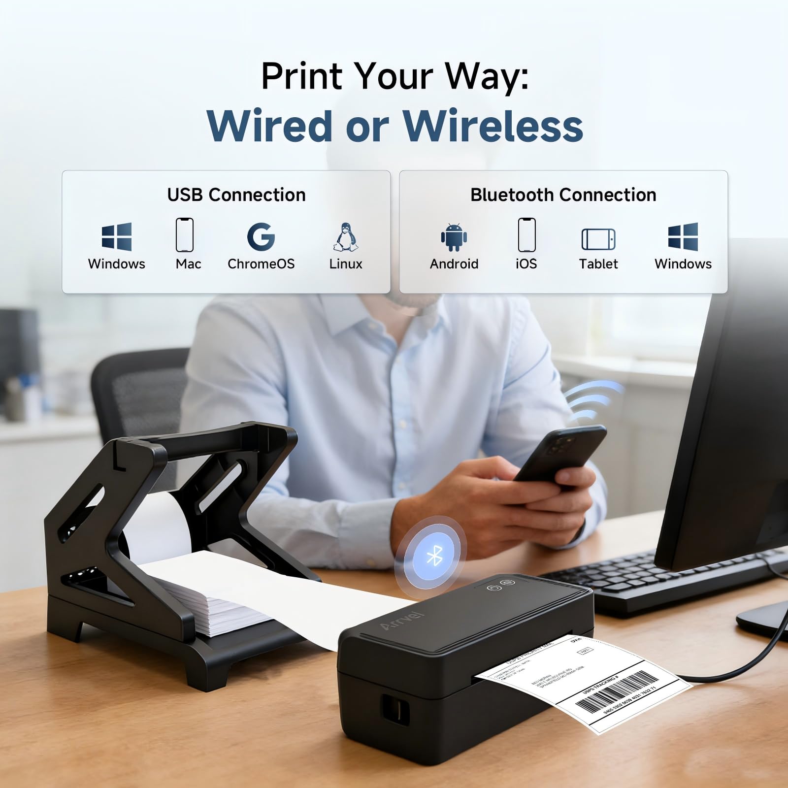 Stampante termica Bluetooth per etichette con supporto, stampante wireless per etichette di spedizione 4x6 per piccole imprese, supporta iPhone, Android Windows e Mac, ampiamente utilizzata per