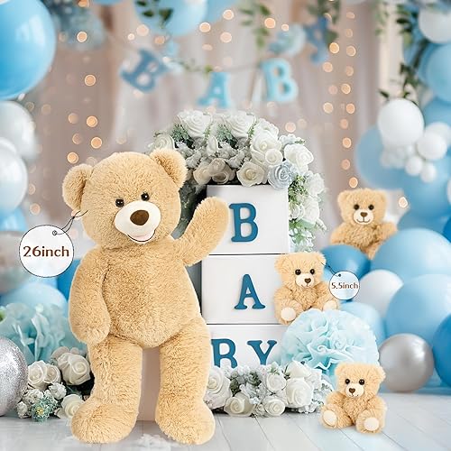 Miniatura 4 de MorisMos Oso de peluche grande de 28 pulgadas para mamá con 3 osos de peluche, 4 paquetes de osos de peluche clásicos marrones a granel para