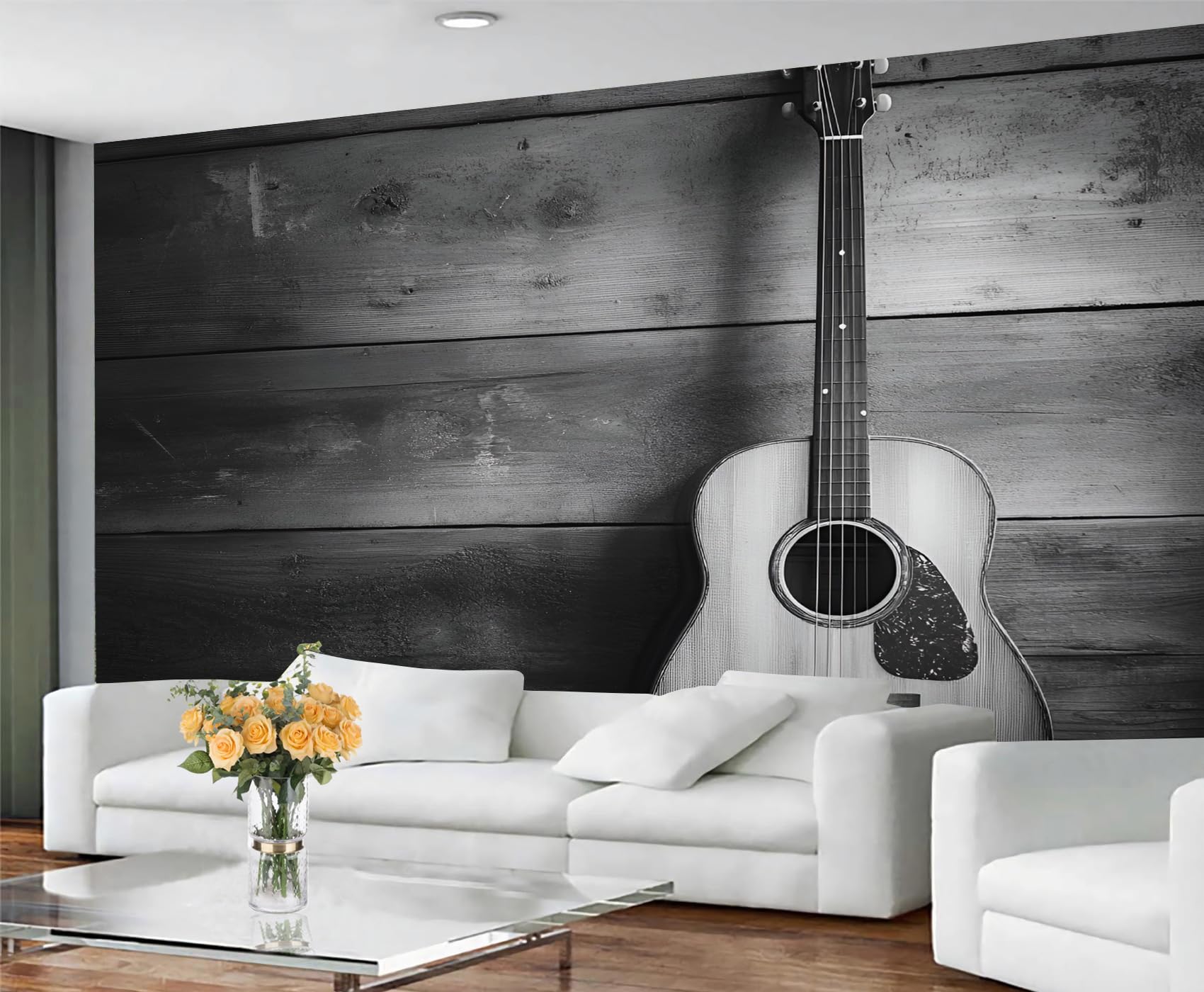 GIVLWF Wallpaper - Guitar Mural & Home Decor, Rustic Wood Grain Bedroom Wallpaper, Music Gray Wall Paper for Living Room, Large Mural, Not Self Adhesive