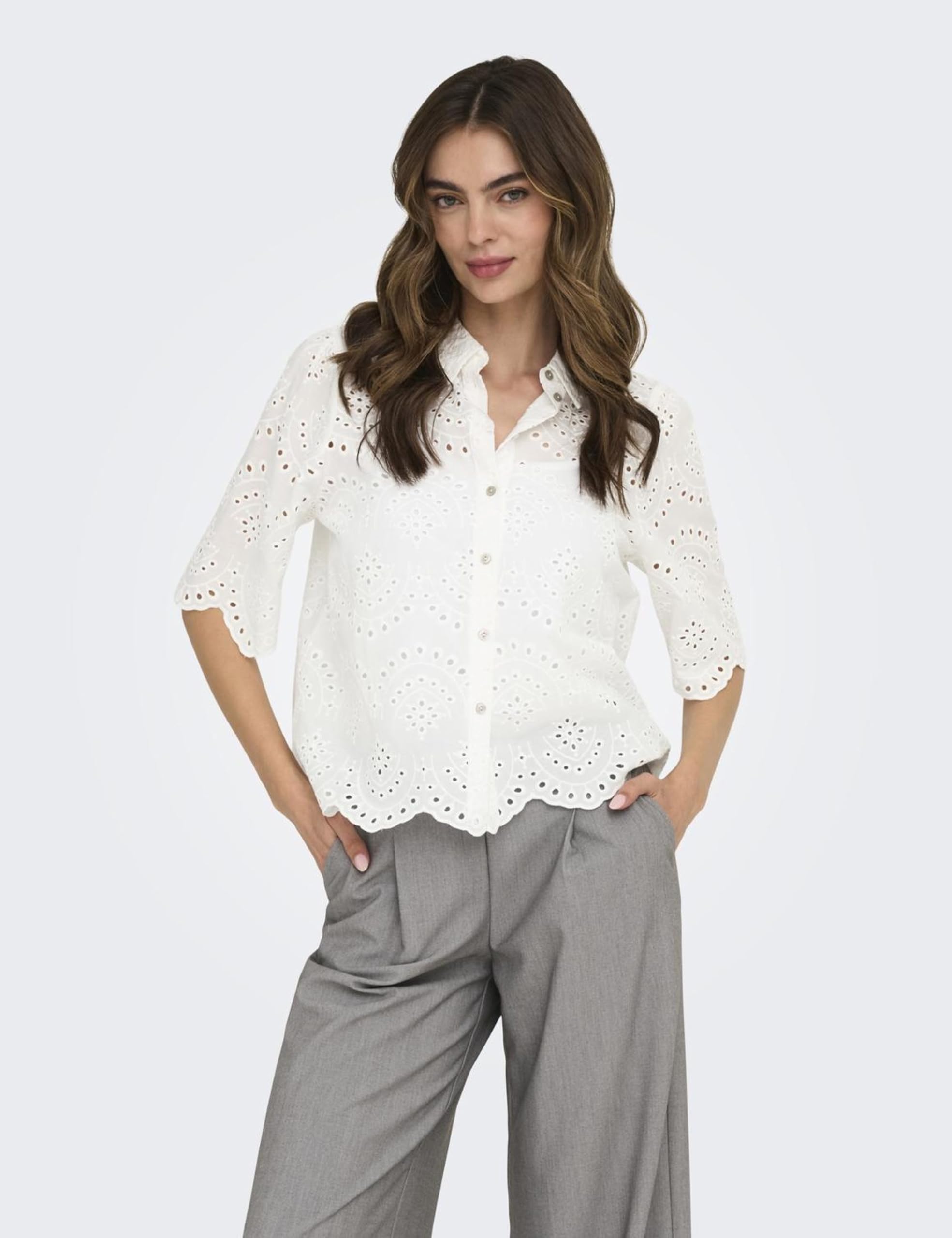 ONLY Damen Bluse Kurzarm Rundhals Kentkragen Knopfleiste Unifarben Modisch