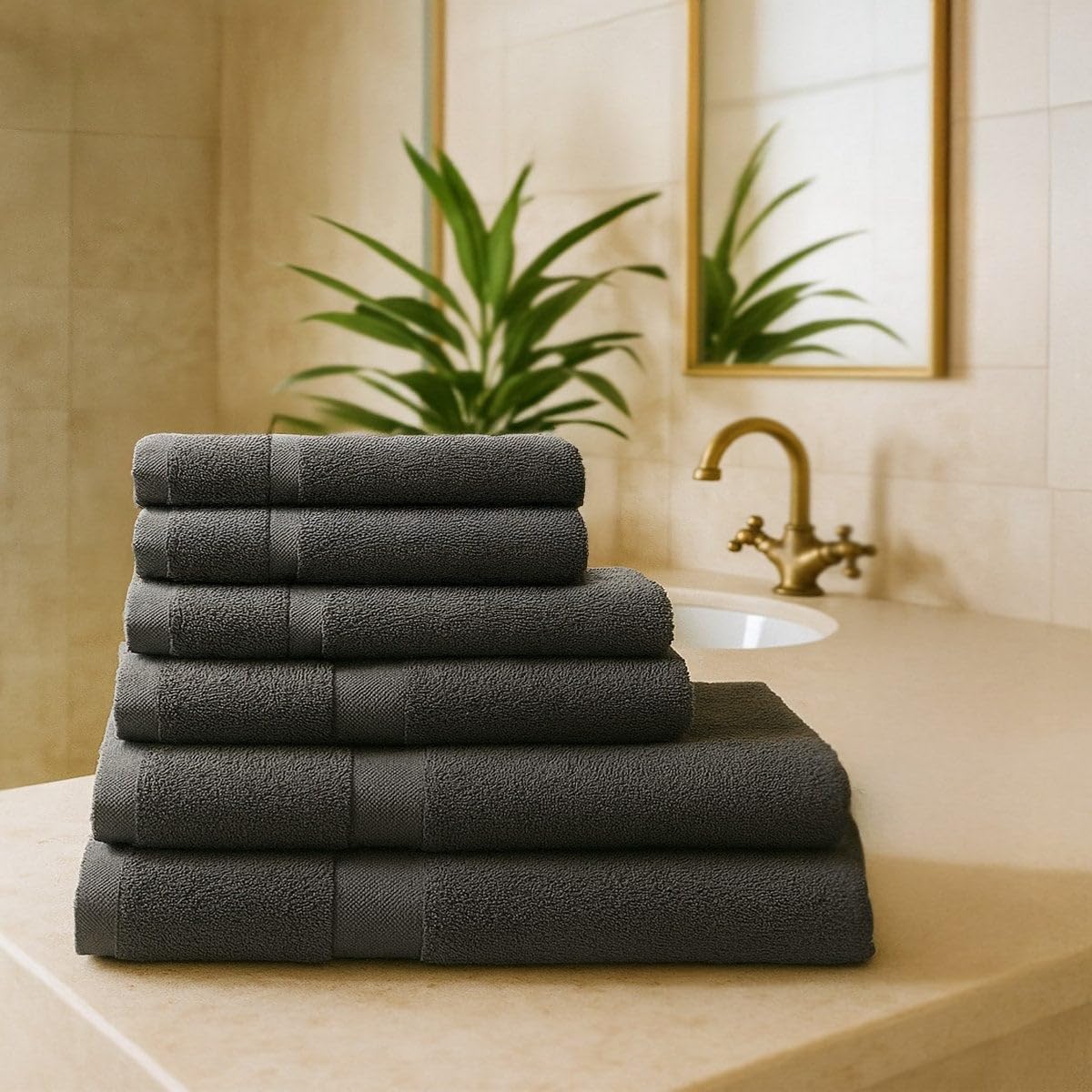 Juego de 6 Toallas Ducha Grandes Gris Oscuro 100% algodón de 150x100 cm | Tejido suave de gran gramaje con alta absorción. Aptas para lavadora, de uso diario.