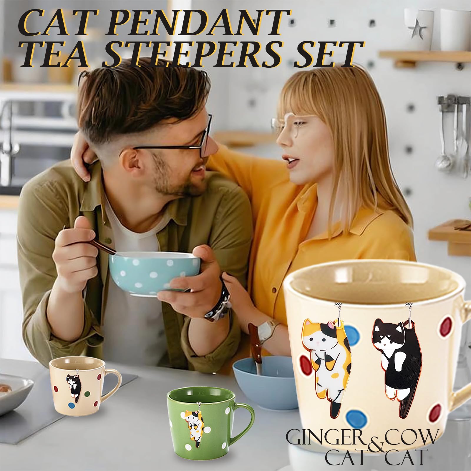 PUSCOBSY Cat Tea Infuser Set, 2 PCS Cubic Tea Diffusers for Loose Tea, Stainless Steel Tea Ball with Cute Charm Pendant, Reusable Tea Steeper for Tea Extraction and Cold Brewing, Black & Orange Cat