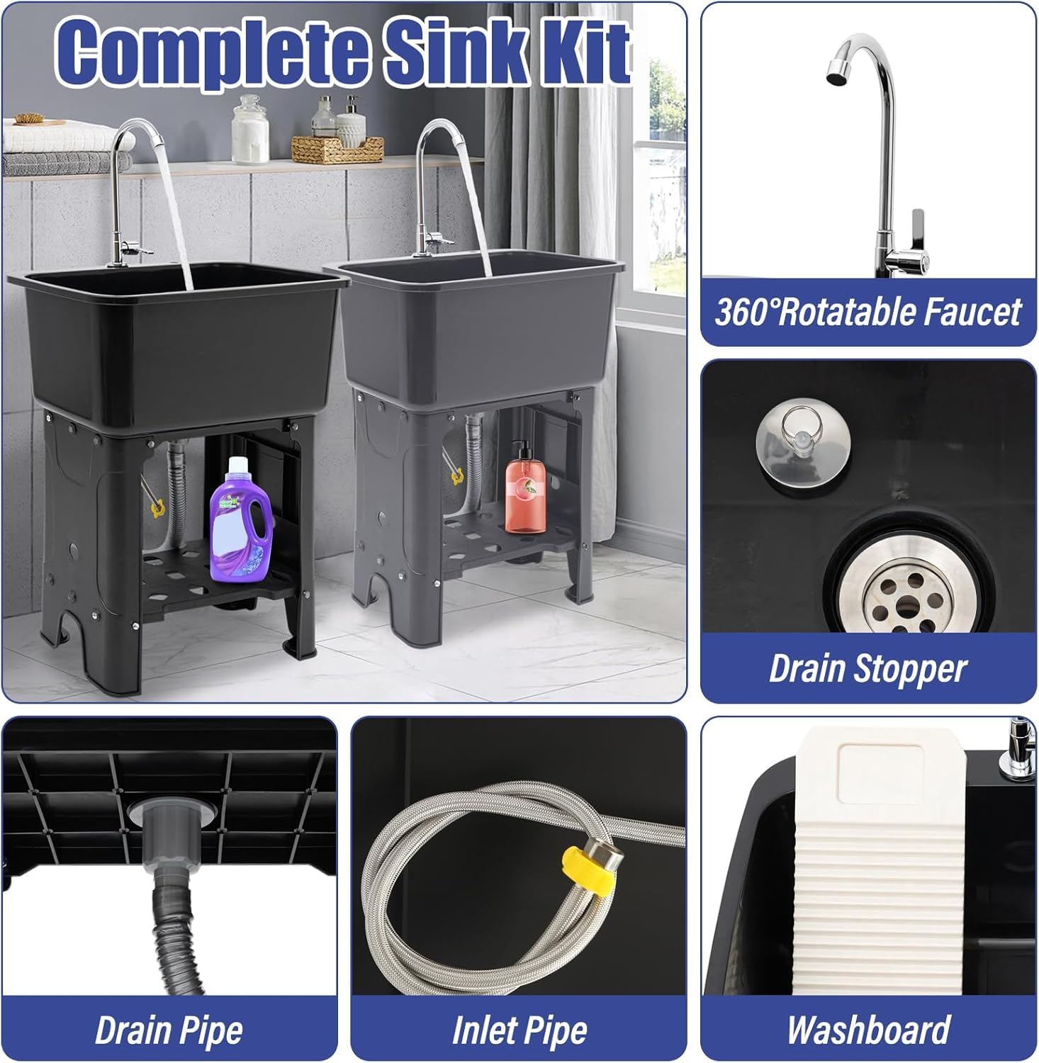 Laundry Sink with Washboard Freestanding Plastic Utility Sinks Outdoor Sink Laundry Tub Sink with Faucet Drain Storage Shelf Kit for Garage Basement Garden, 23.62 * 15.75 * 30.12in(Black)
