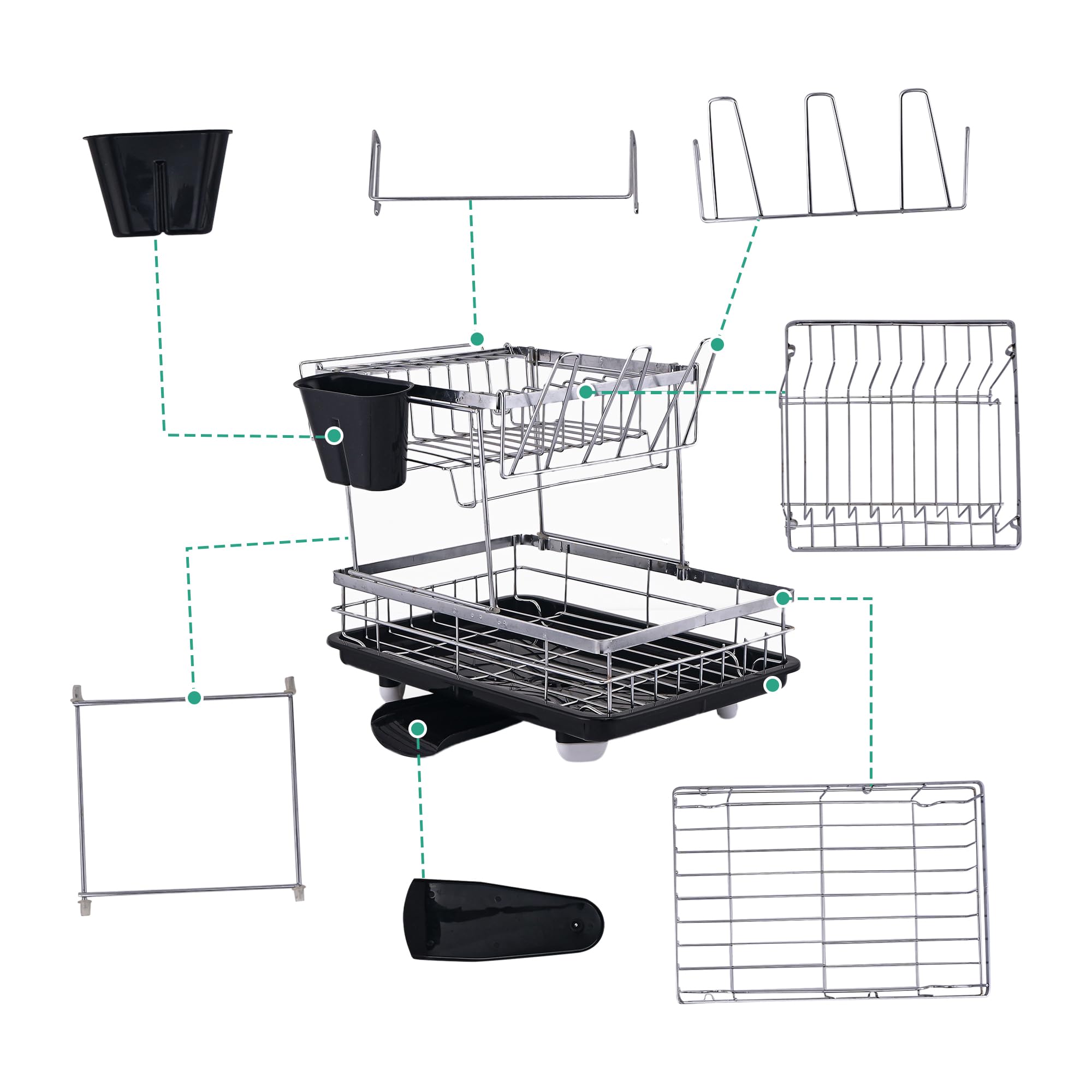 Kuber Industries Stainless Steel 2-Tier Kitchen Dish Drainer Rack with Removable Drain Board | Dishwash Organizer | Utensils Drying Rack with Drainer Tray | Vessel/Bartan Stand for Sink | Black - Image 7 thumbnail